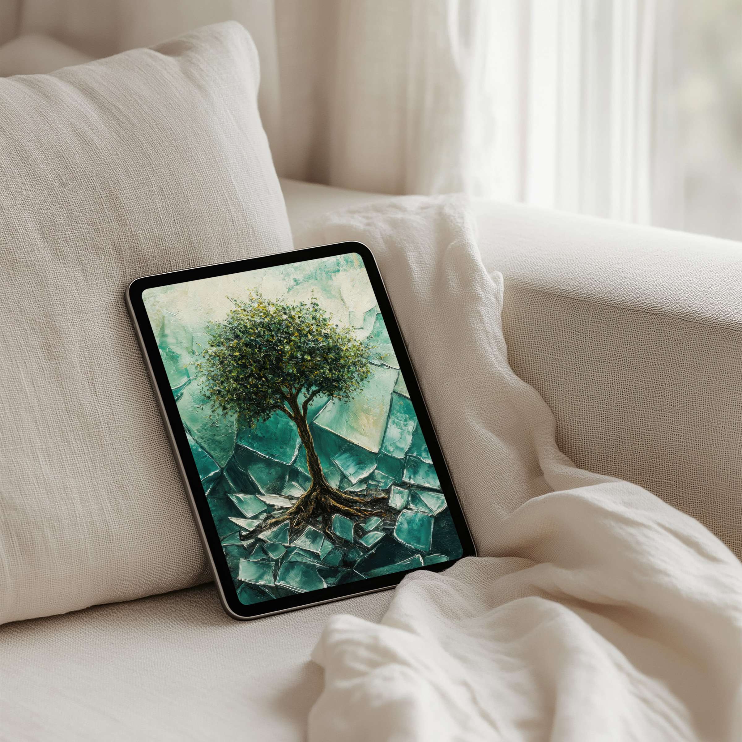 Elegant tree art on iPad background offers calm and inspiration perfect for instant download to any tablet device