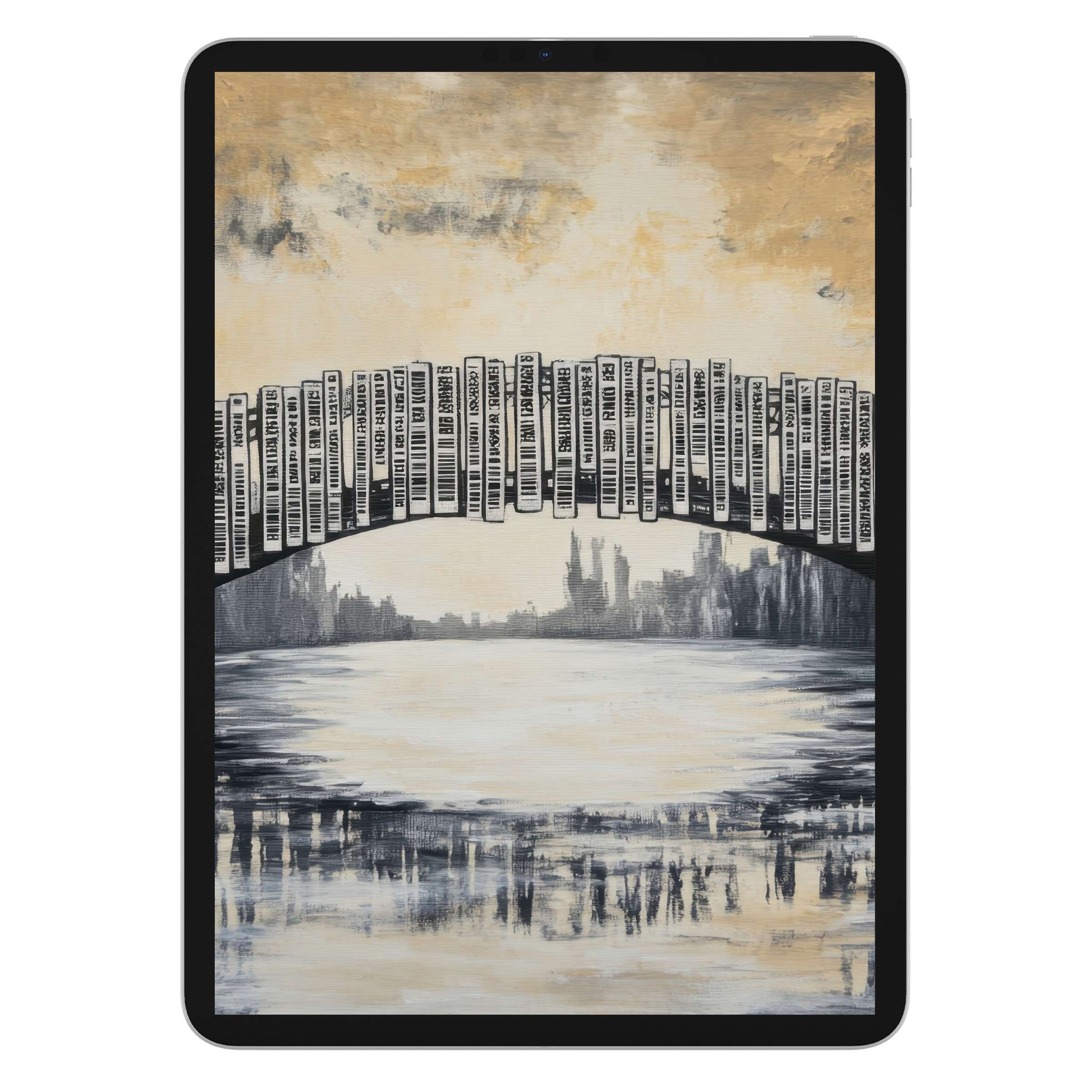 Street art iPad wallpaper featuring serene skyline and reflective river creates a calming digital download background for tablet users