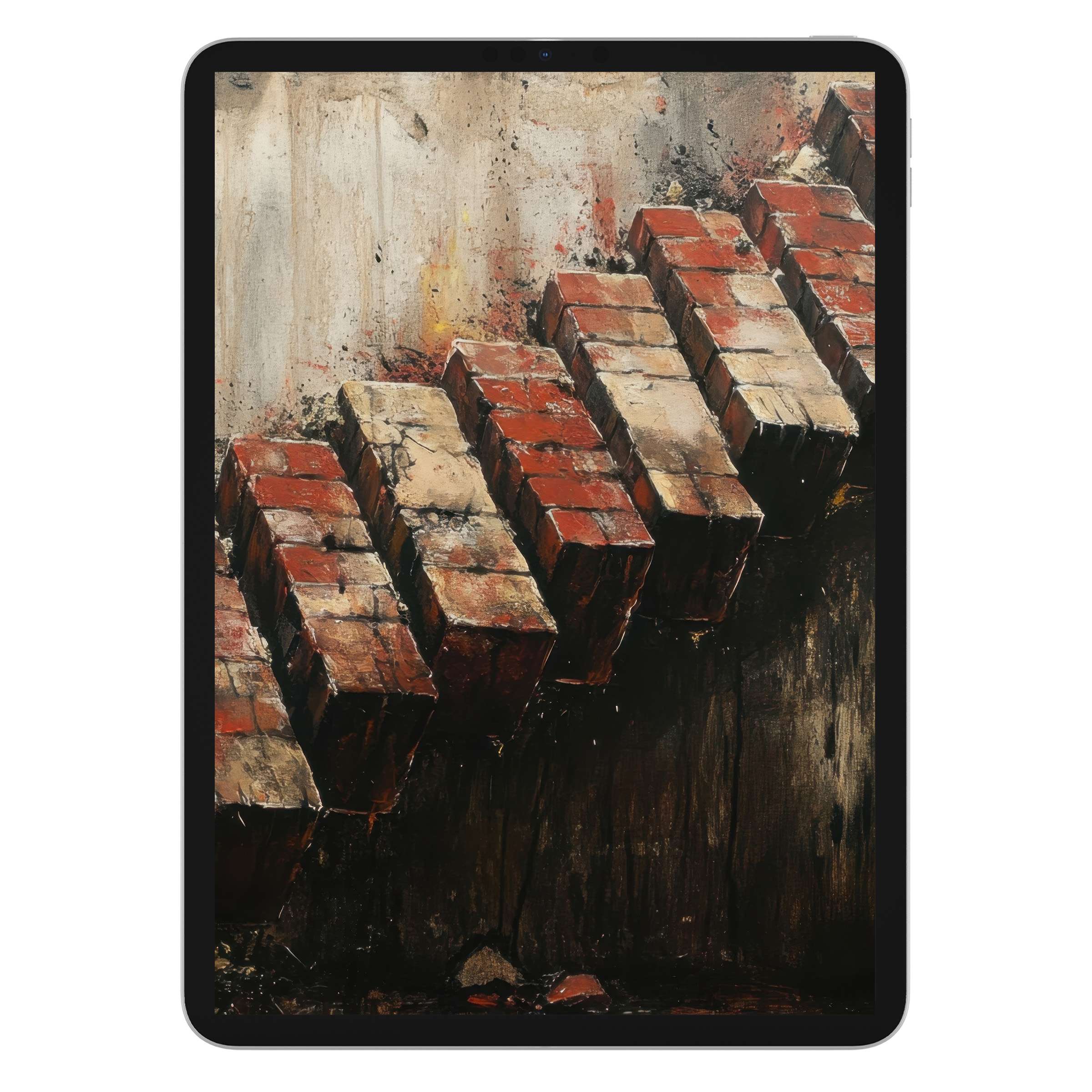 Street art iPad wallpaper featuring textured brick steps in earthy tones, perfect digital download for tablet background elegance