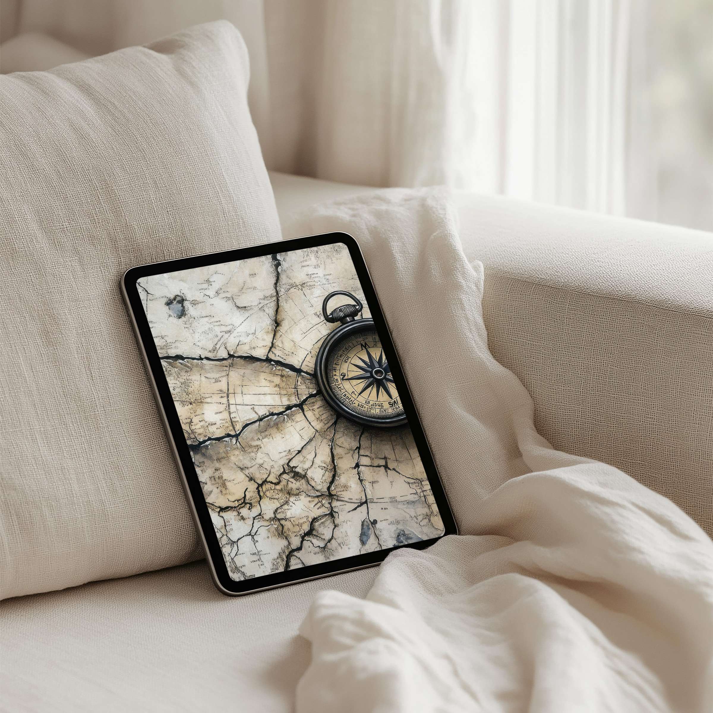 Elegant cracked map and compass iPad background for instant download, fitting all tablets, enhancing calm, mindful inspiration