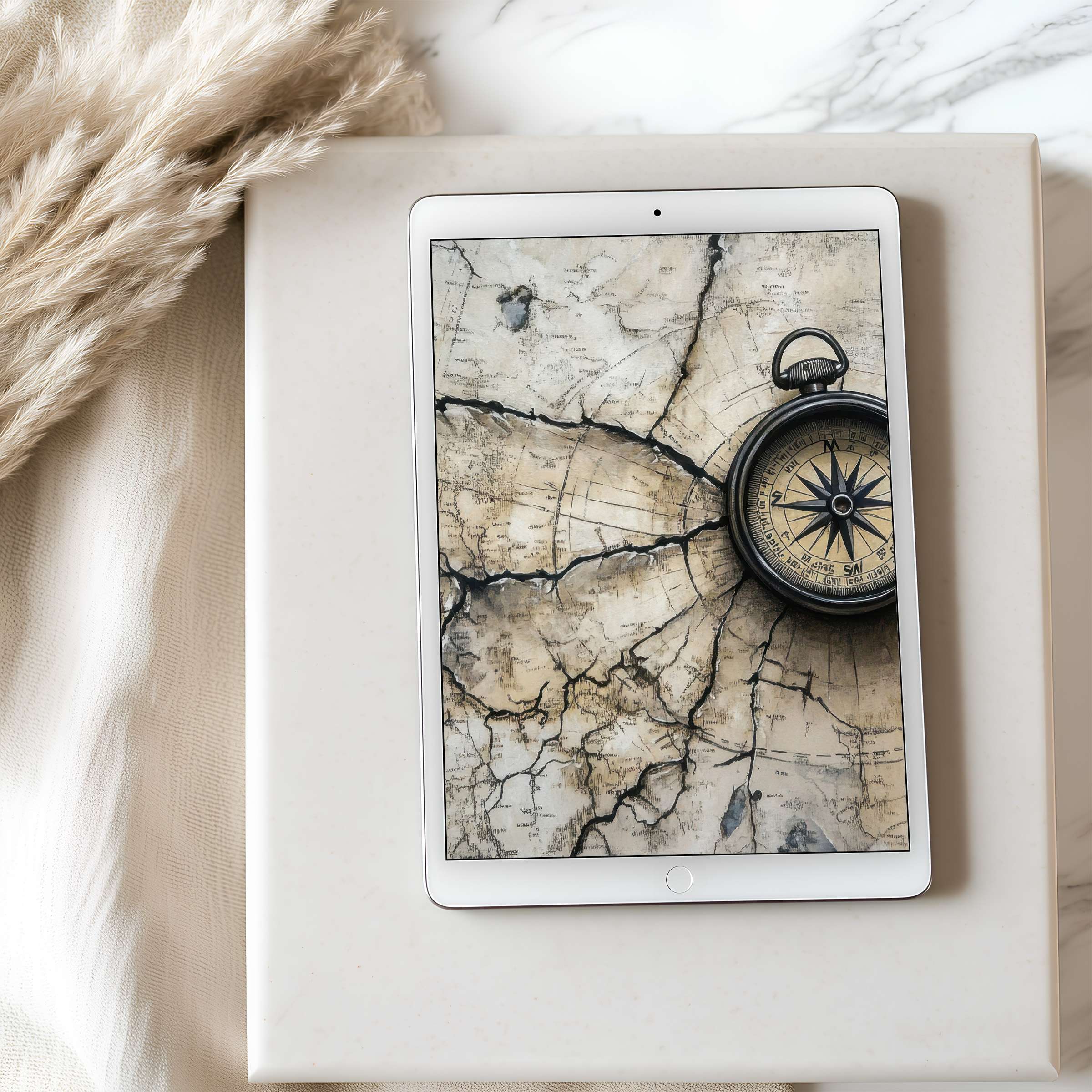 Vintage map and compass tablet wallpaper on iPad offers high resolution for a refined, calming digital download experience