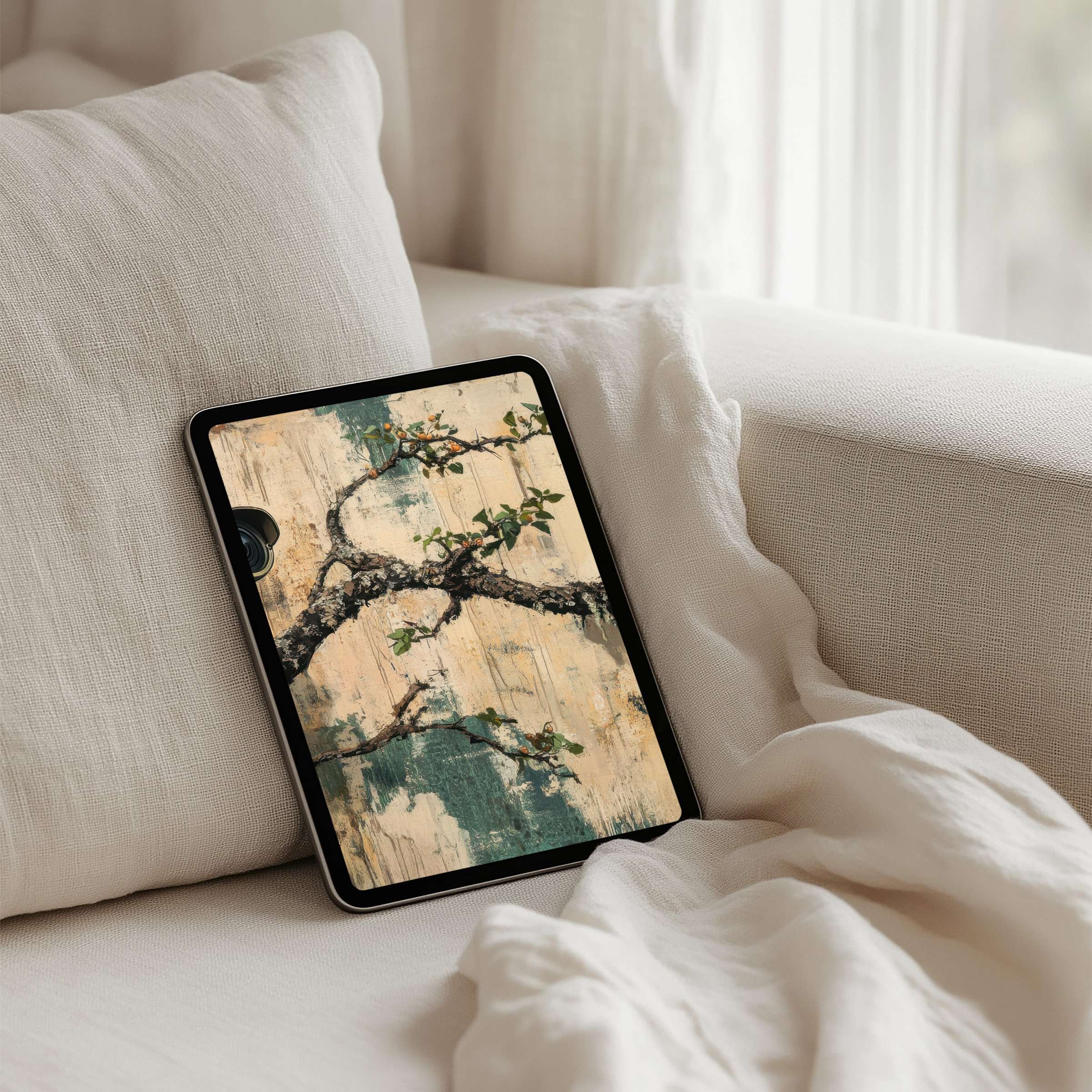 Elegant iPad background featuring serene branch art, offering calm and inspiration for your tablet with instant download