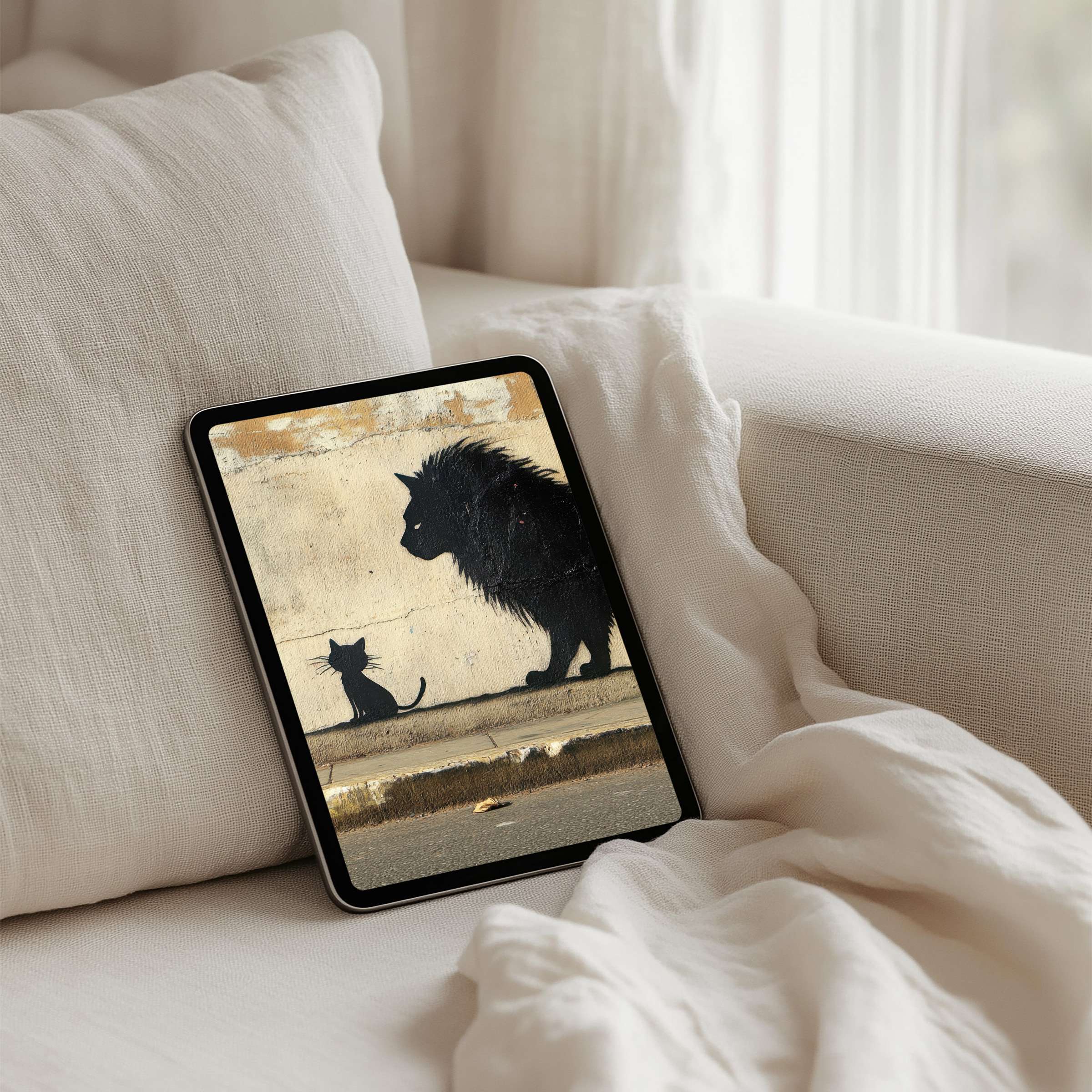 iPad background featuring inspiring art of a cat and lion silhouette offers calm elegance for your tablet instant download available