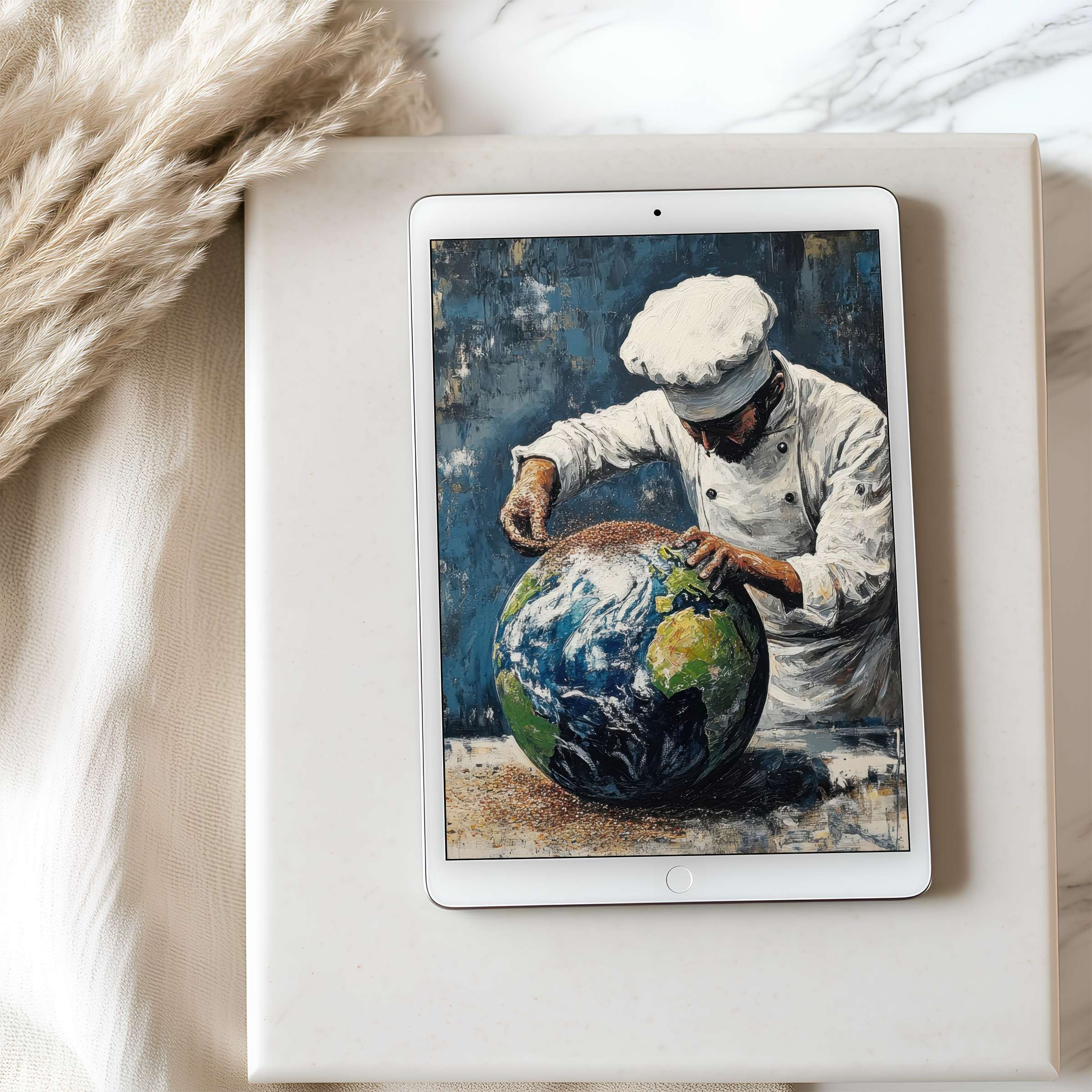 Tablet wallpaper featuring a chef sculpting Earth, in textured blues and greens, perfect for iPad and Android, digital download