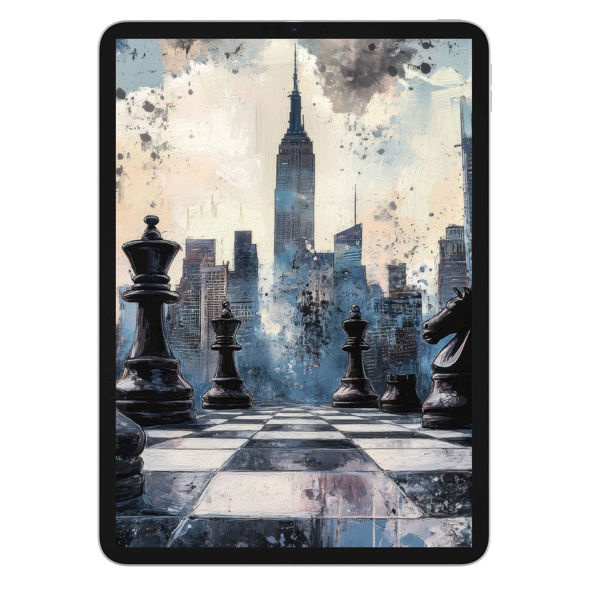 Street art iPad wallpaper with a chessboard cityscape, digital download brings serenity as a tablet background for a stylish touch