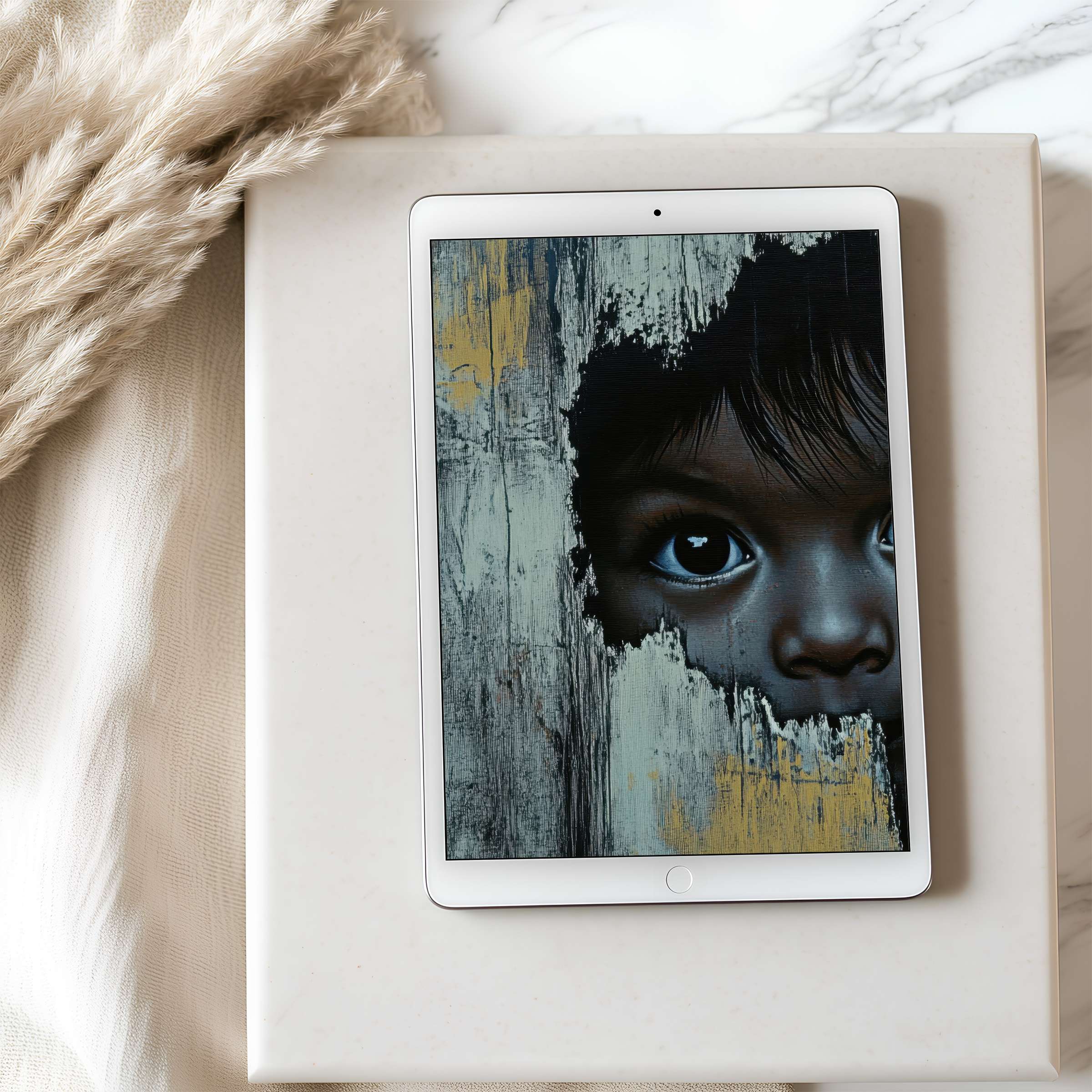 Curated tablet wallpaper showcasing a child's eye peeking through aged wood texture set against an elegant marble surface for iPad use