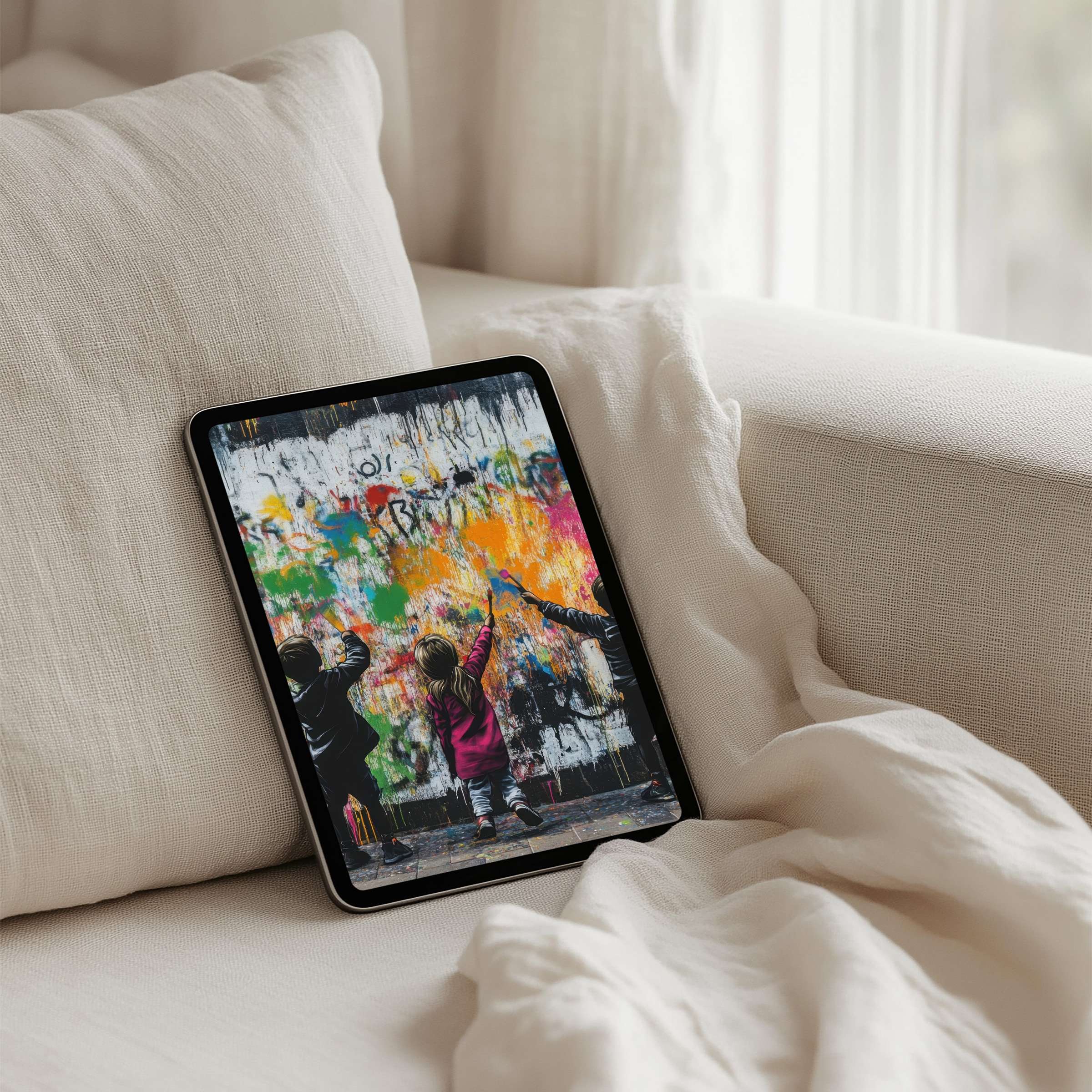 Inspiring iPad background featuring children painting a vibrant mural, perfect for instant download on any tablet, evokes elegance and creativity