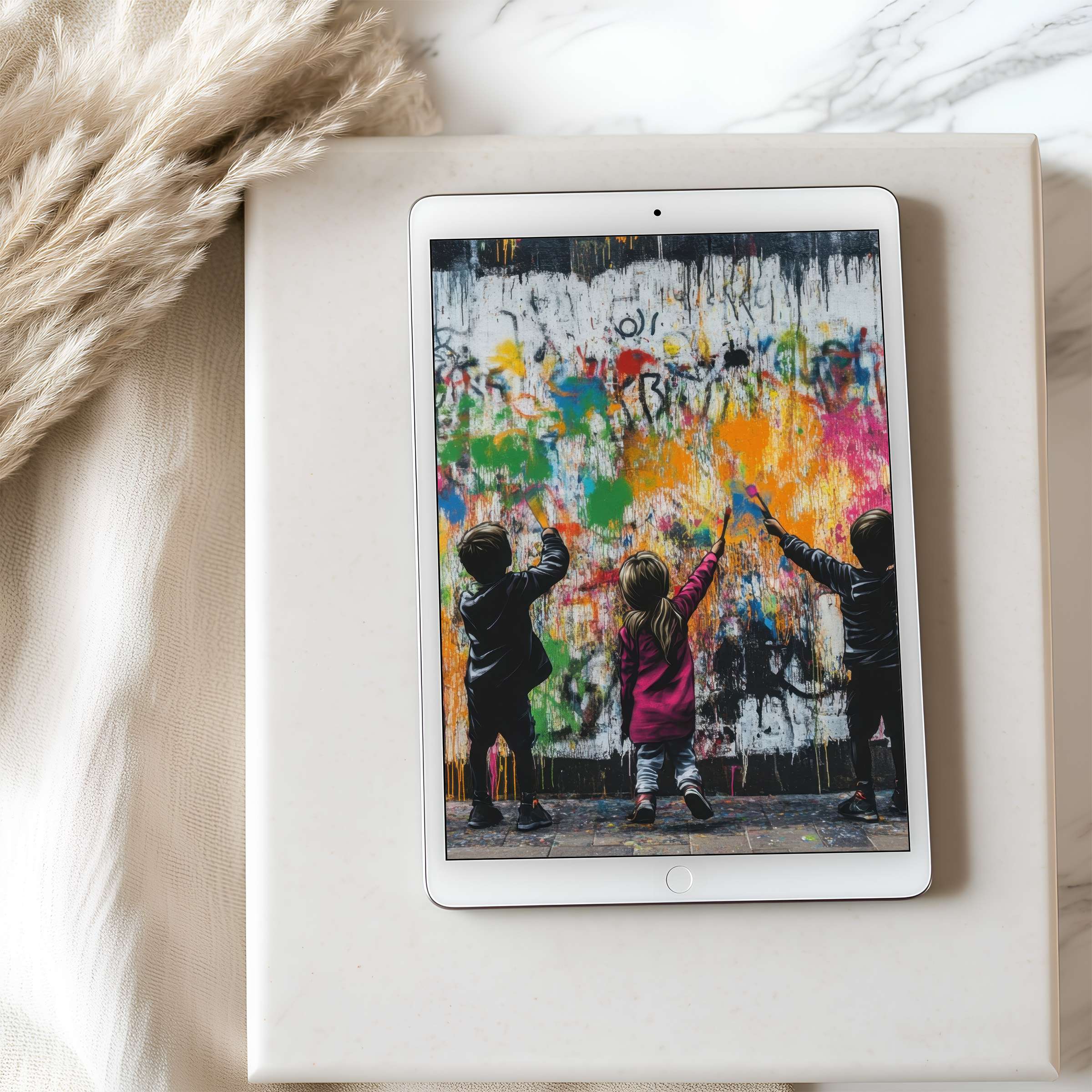 Vibrant tablet wallpaper featuring a colorful street art mural enhances any interior's aesthetic, suitable for iPad and Android tablets, high resolution download
