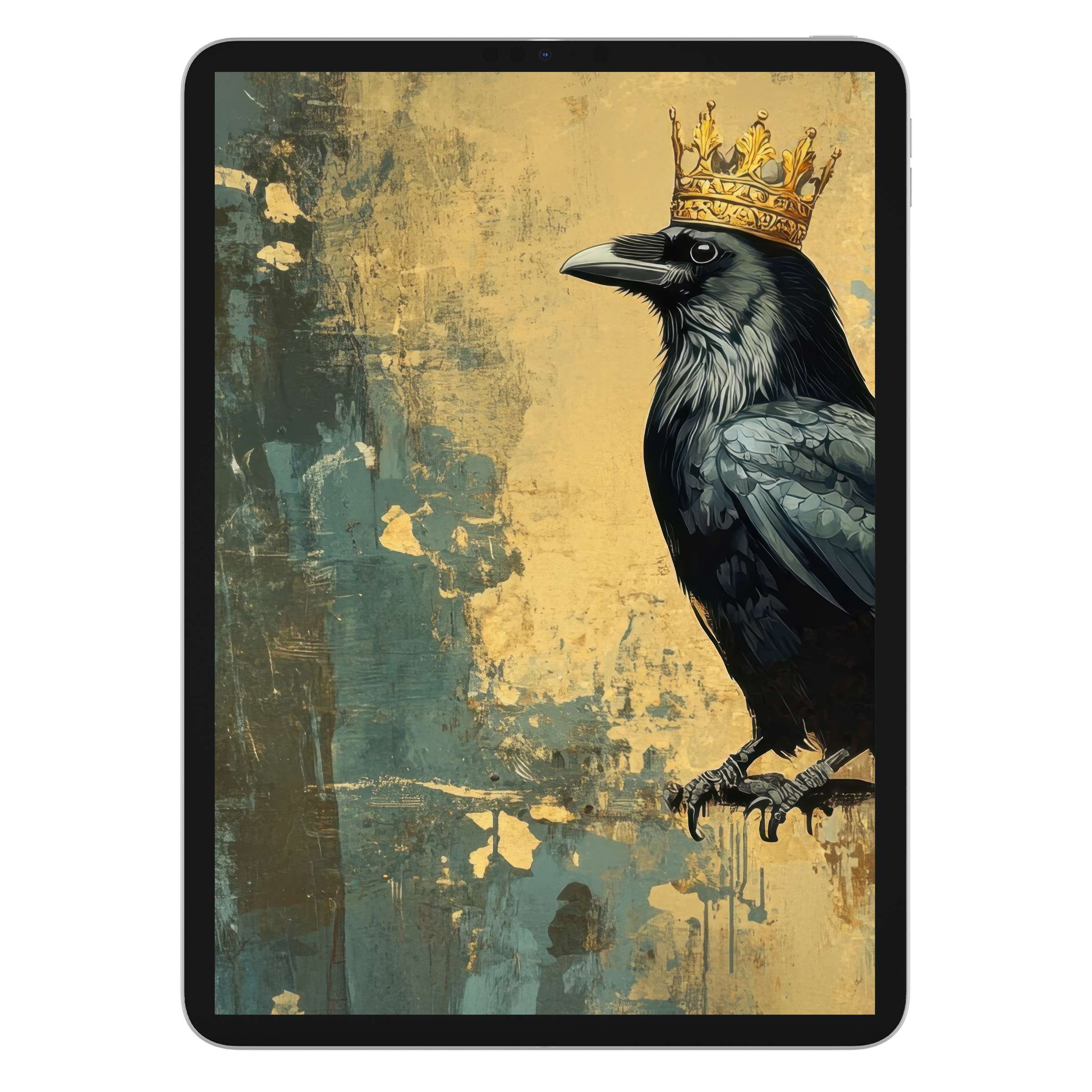 Street art iPad wallpaper featuring a noble crow with a crown on a textured, rustic background ideal for tablet digital download