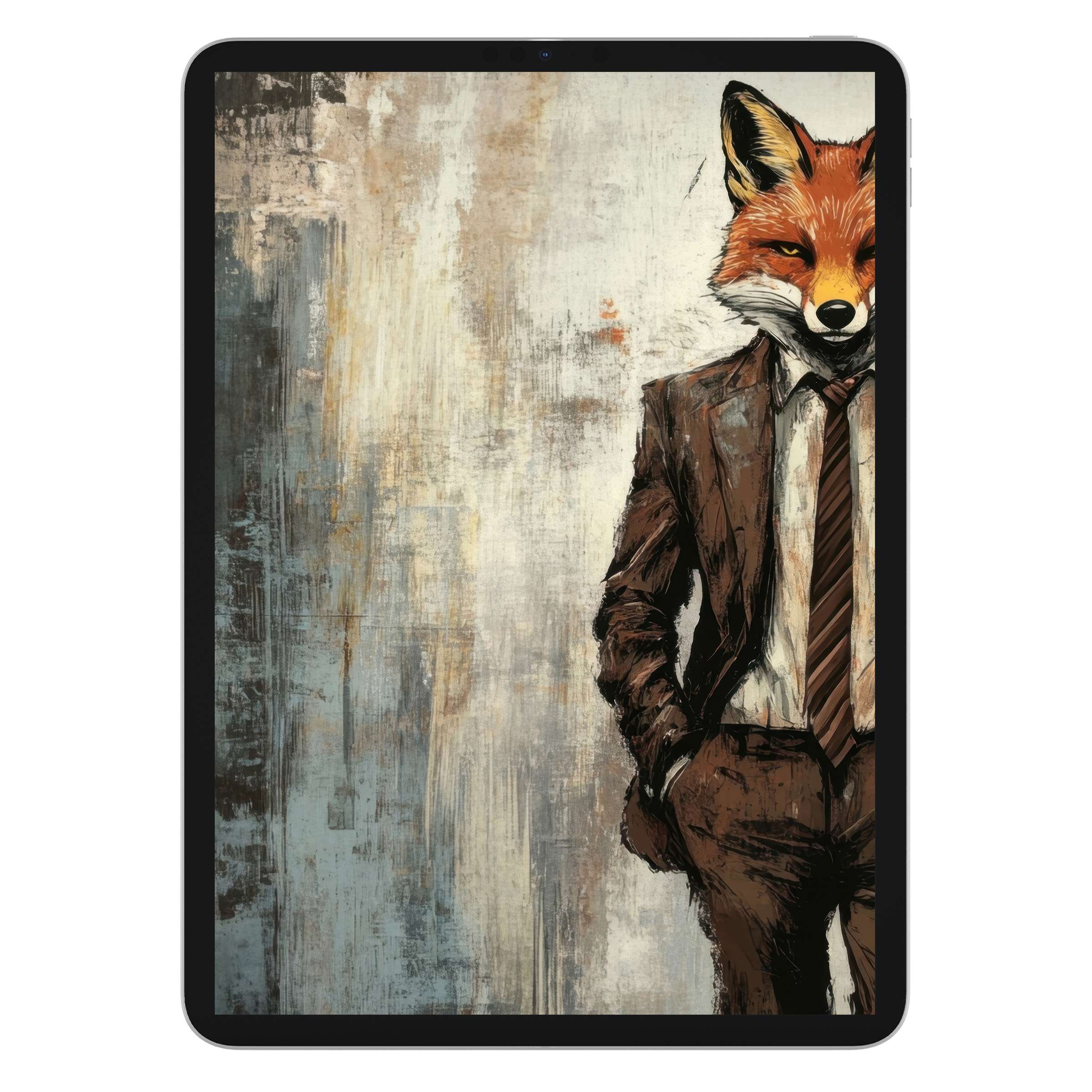 Fox in a suit elegantly painted on textured background adds sophistication to any tablet with this street art iPad wallpaper digital download