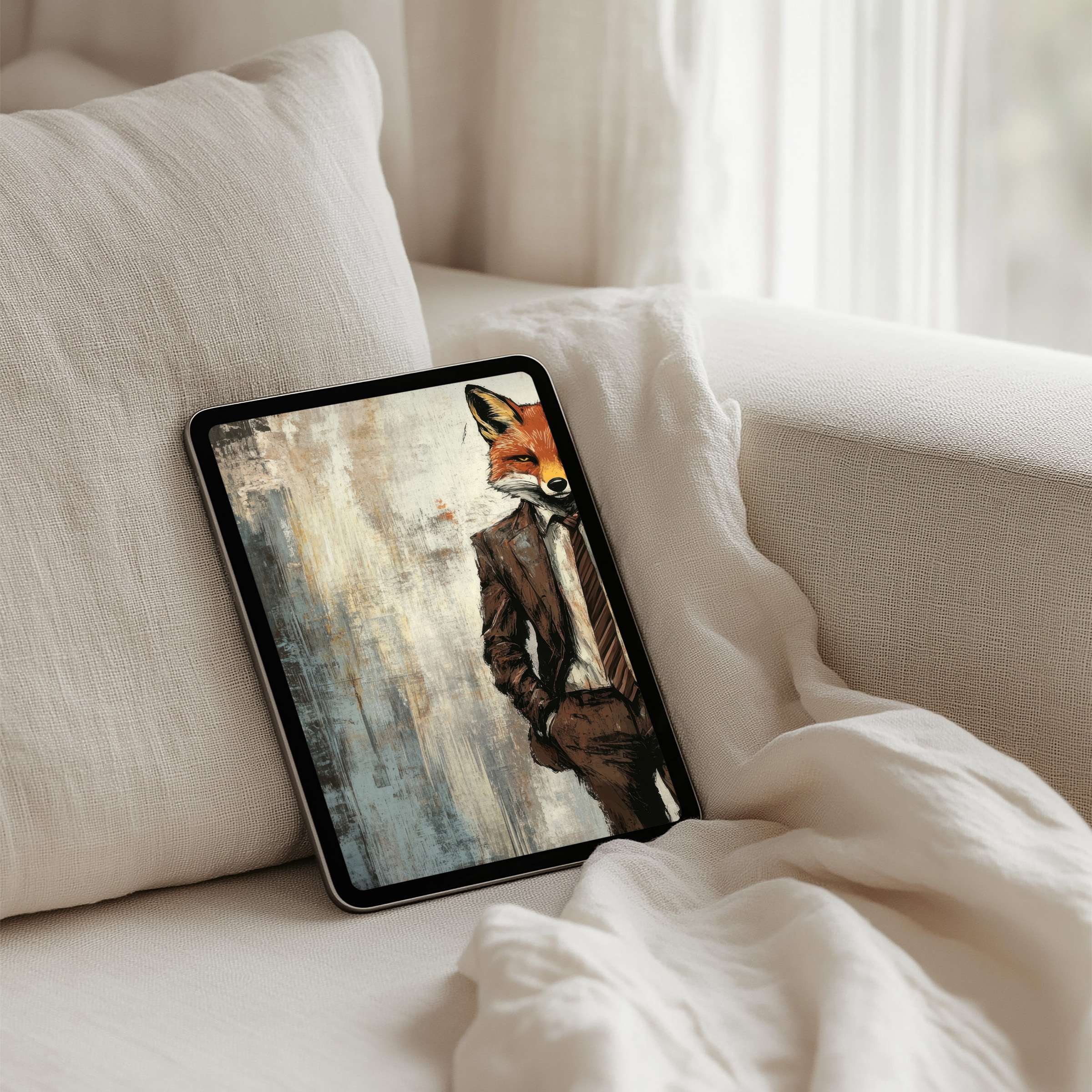 Elegant iPad background with a fox in a suit offers calm inspiration, perfect for any tablet, available for instant download