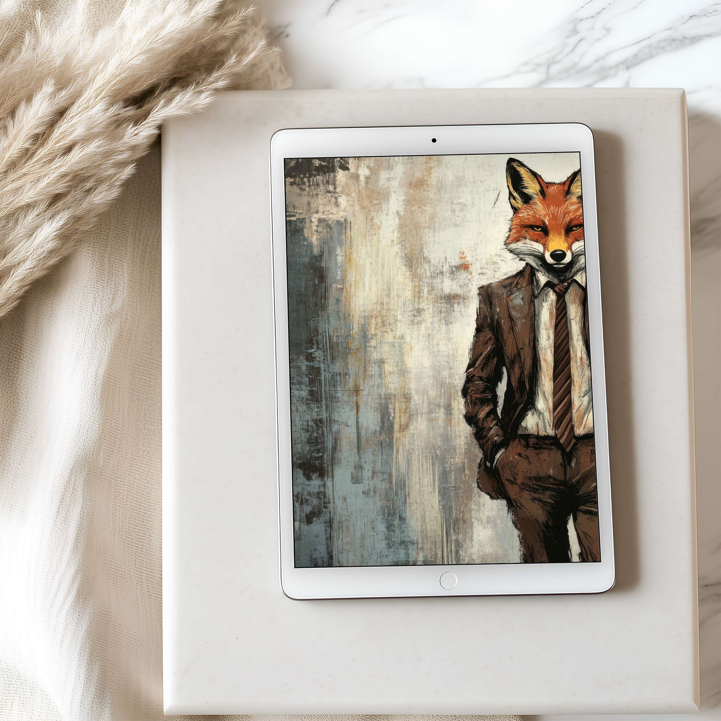 Elegant fox in suit graces high-resolution tablet wallpaper offering calming aesthetics suitable for iPad and Android digital download
