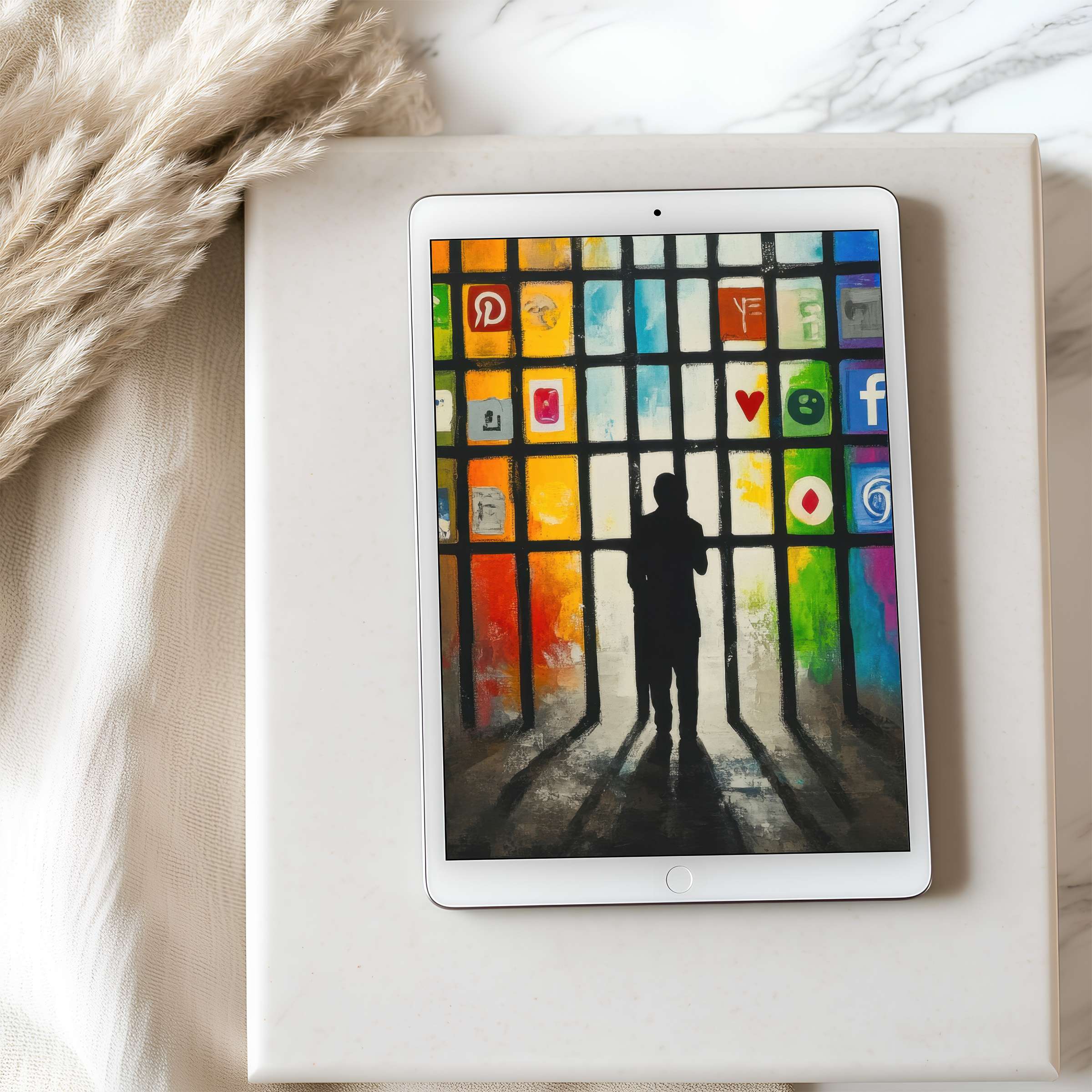Elegant tablet wallpaper featuring vibrant abstract motifs and silhouetted figure, perfect for iPad or Android, enhancing digital serenity