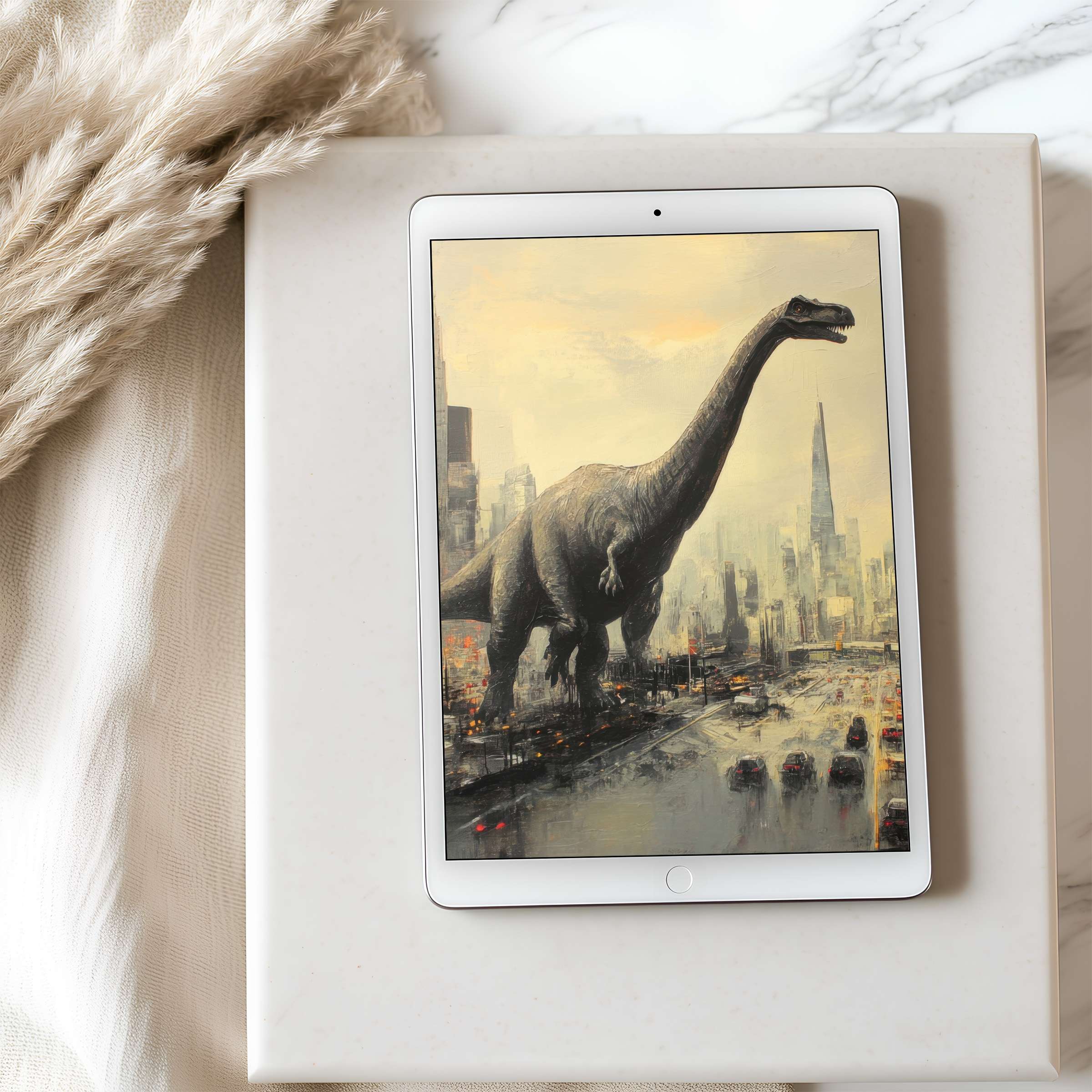 Majestic dinosaur cityscape tablet wallpaper featuring serene tones and high resolution for iPad and Android elegance in digital download