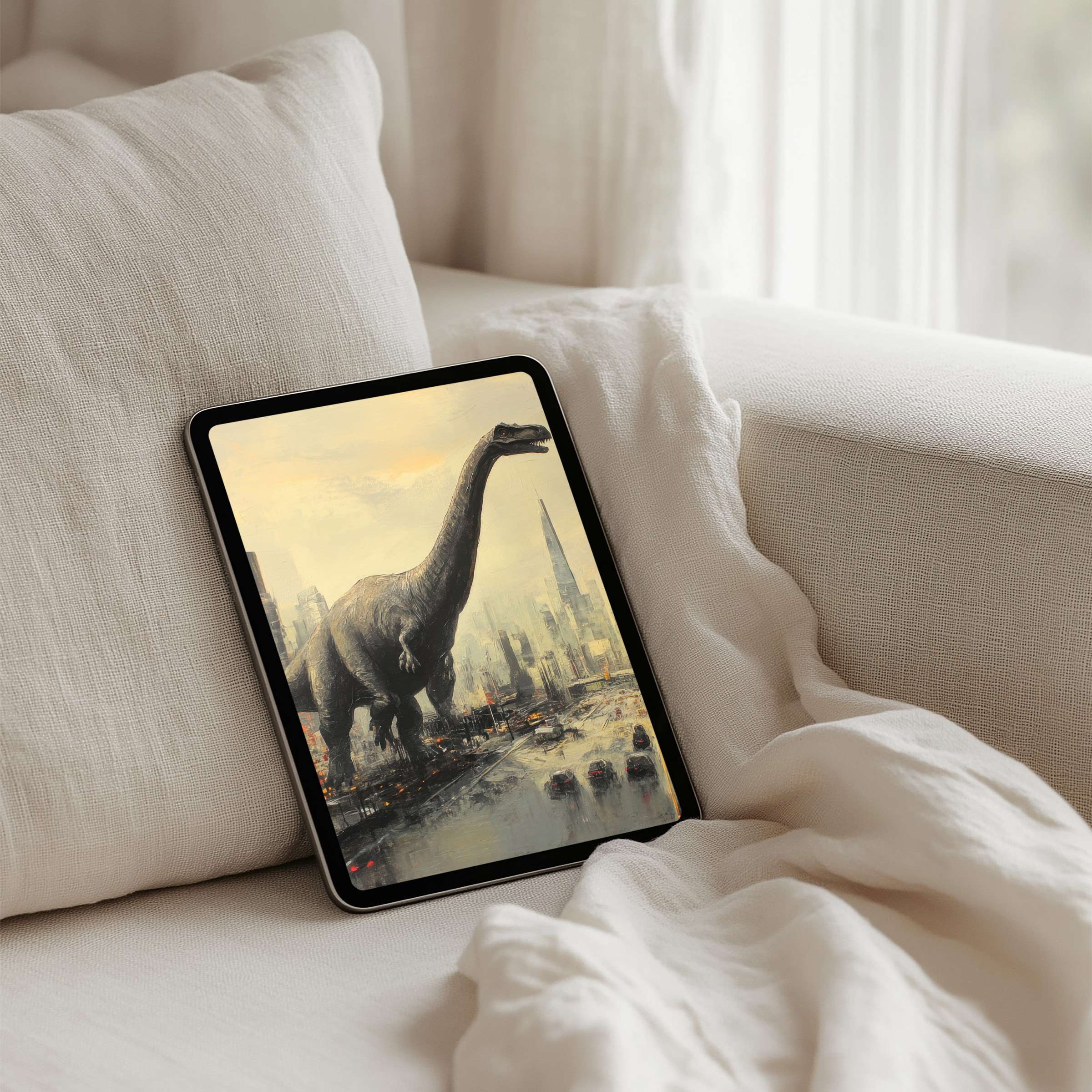 Inspire calm and elegance with a majestic dinosaur digital art iPad background for tablets instant download to elevate your space