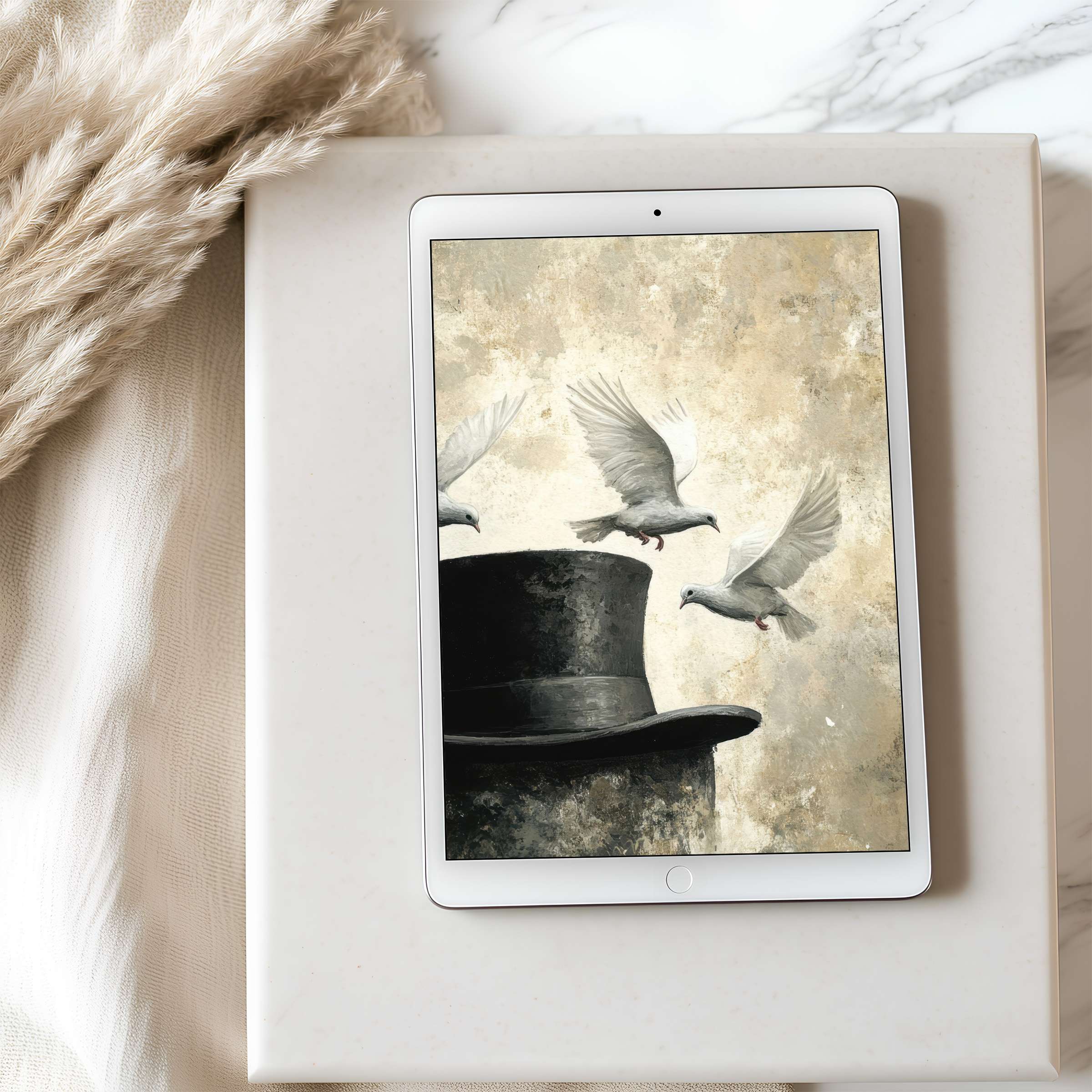 Elegant tablet wallpaper featuring doves soaring above a hat against a textured backdrop perfect for high resolution iPad use