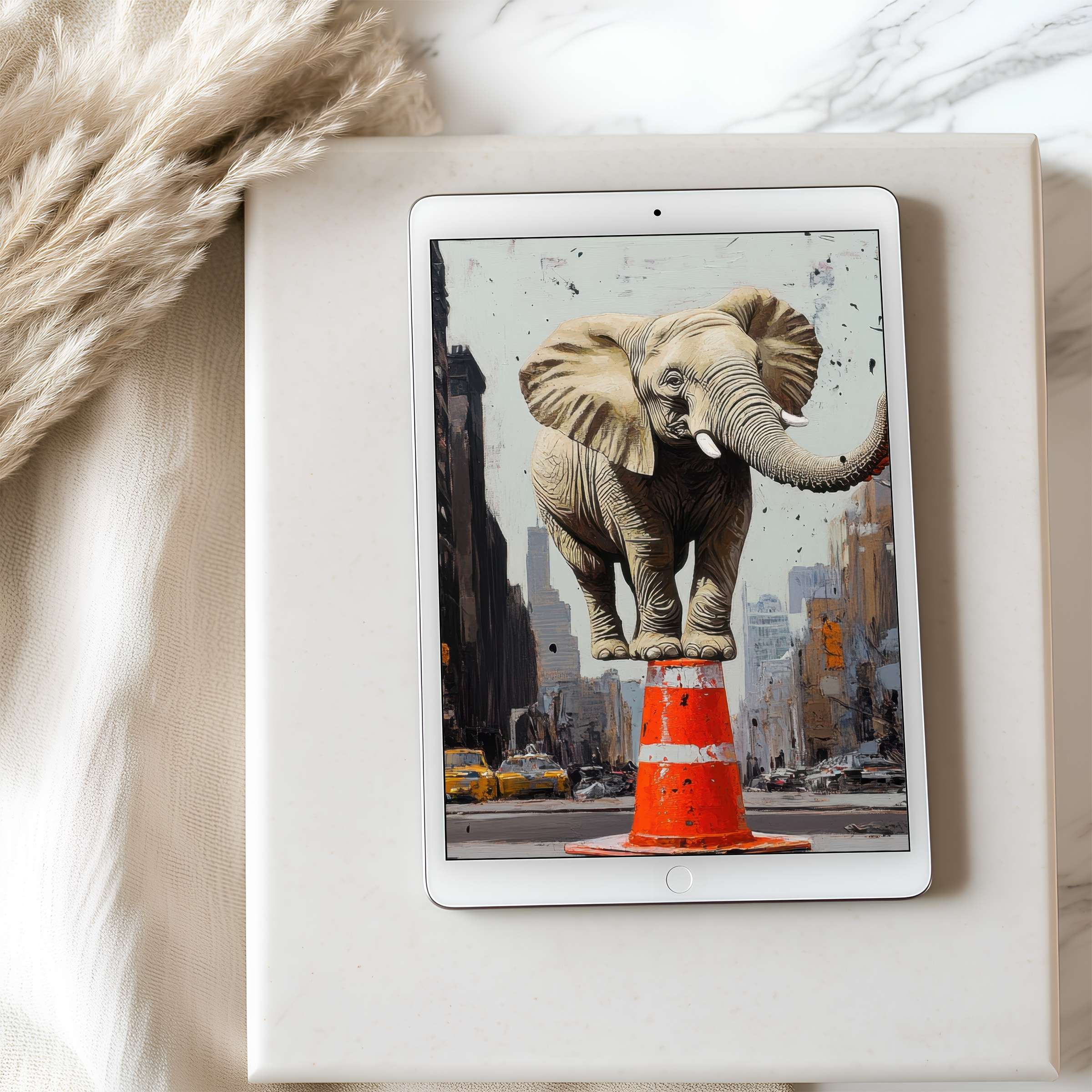 Elegant elephant motif in high resolution tablet wallpaper balancing urban charm, perfect for iPad download and Android use