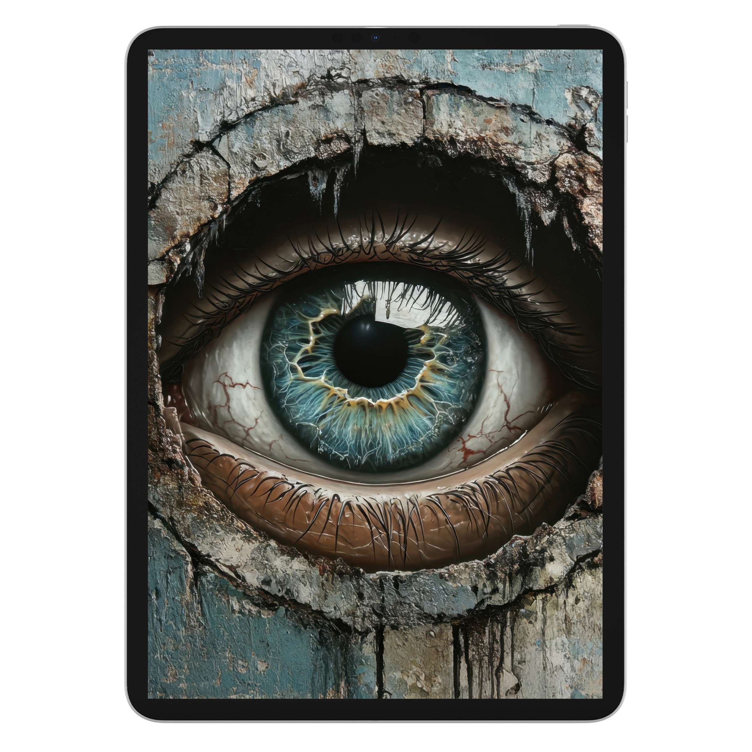 Engaging street art iPad wallpaper featuring a detailed eye on textured wall, ideal digital download for tablet background elegance