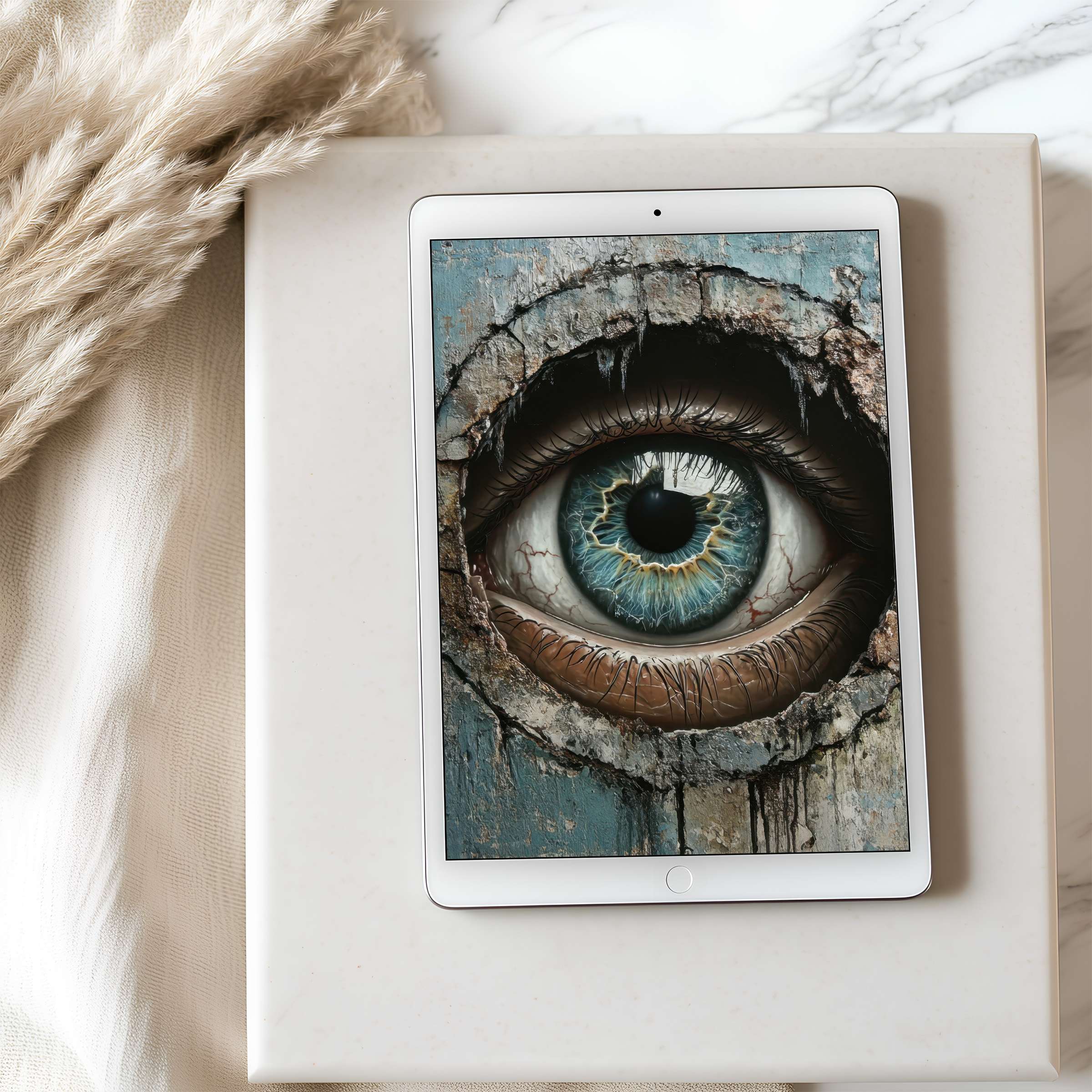 Elegant tablet wallpaper featuring a textured eye design, perfect for iPad, available in high resolution, digital download for serene spaces
