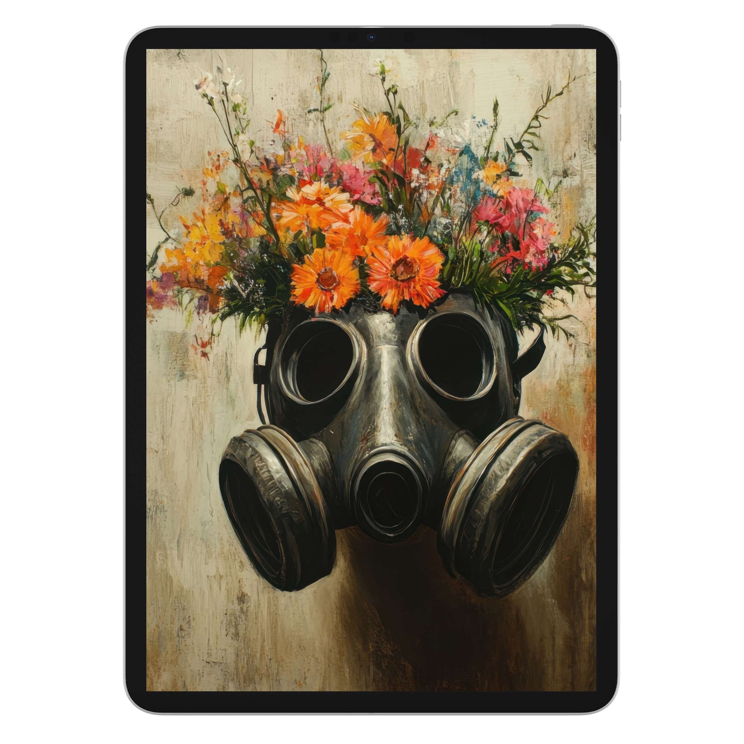 Vivid street art iPad wallpaper featuring a gas mask with vibrant flowers digital download for a serene tablet background