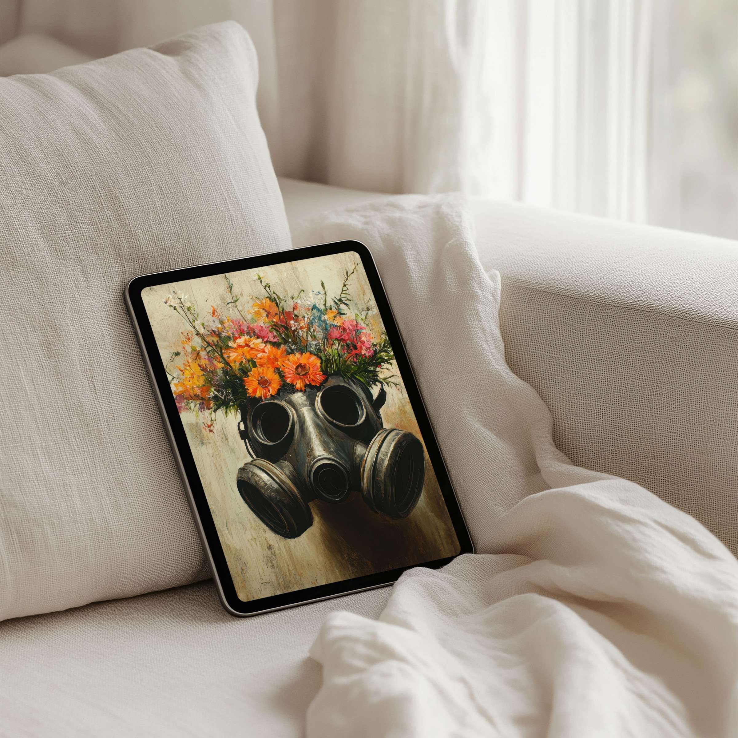 Floral gas mask design as an inspiring iPad background for elegant, calm ambiance on tablet screens with instant download benefits