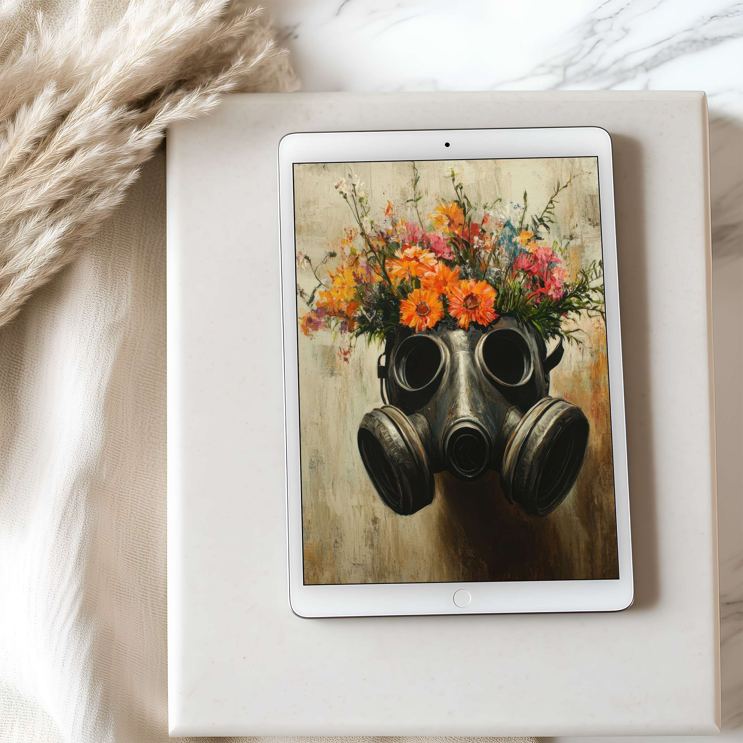 Elegant floral gas mask art on tablet wallpaper offers serene, high resolution aesthetics for iPad and Android digital downloads