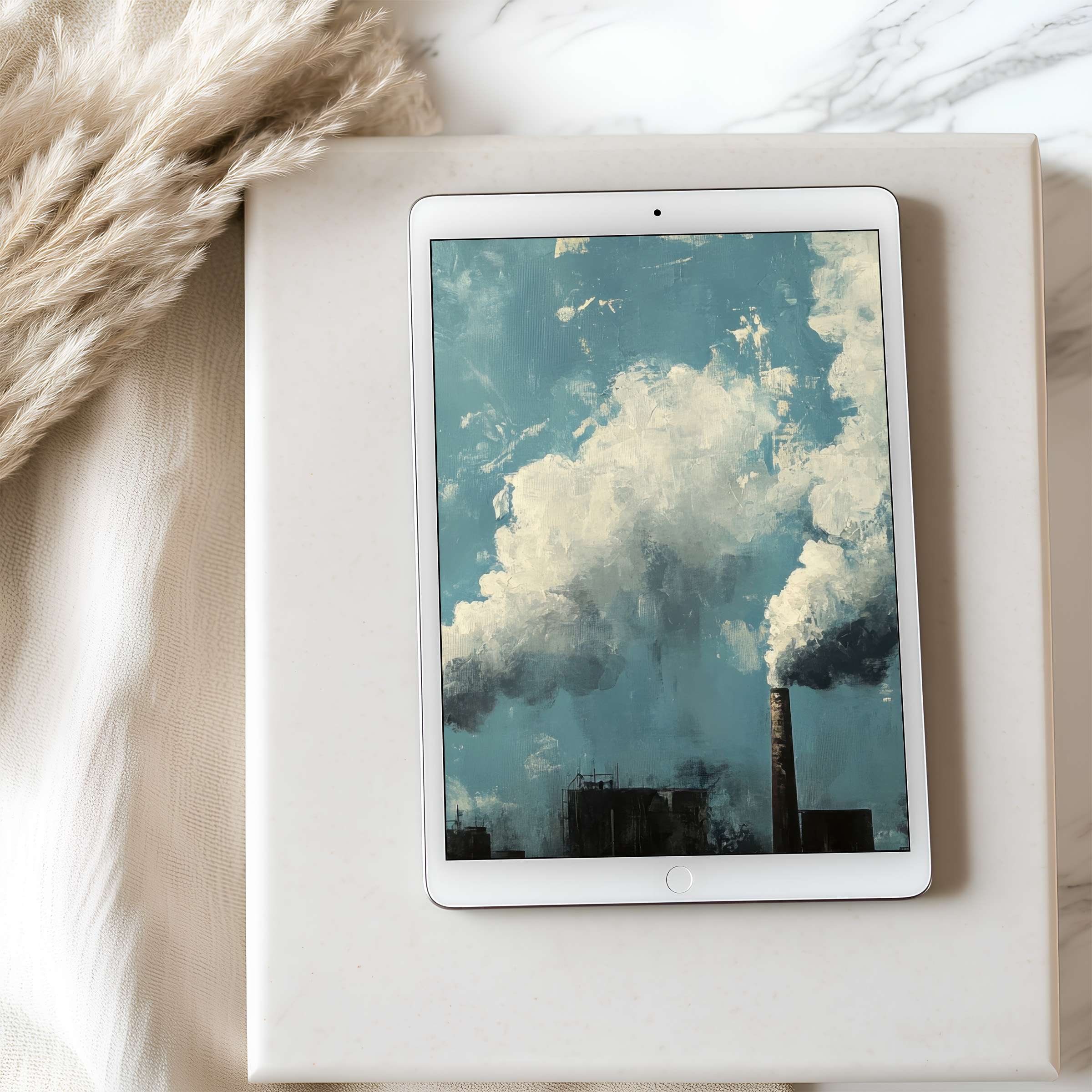 Calm blue and white abstract cloud painting as tablet wallpaper on iPad, offering an elegant digital download for high-resolution interiors