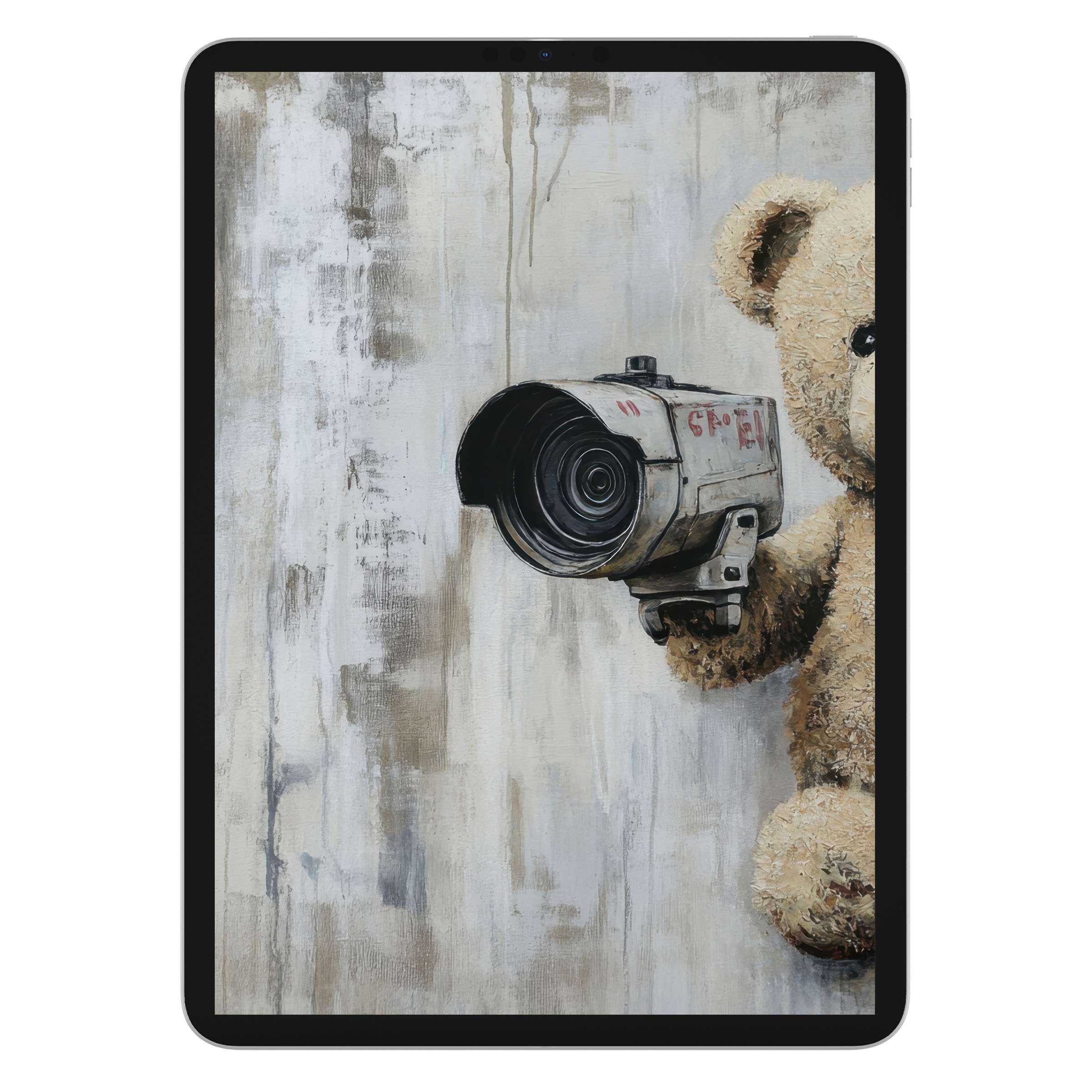 Street art iPad wallpaper with a teddy bear holding a camera offers a calm digital download background for tablet aesthetics