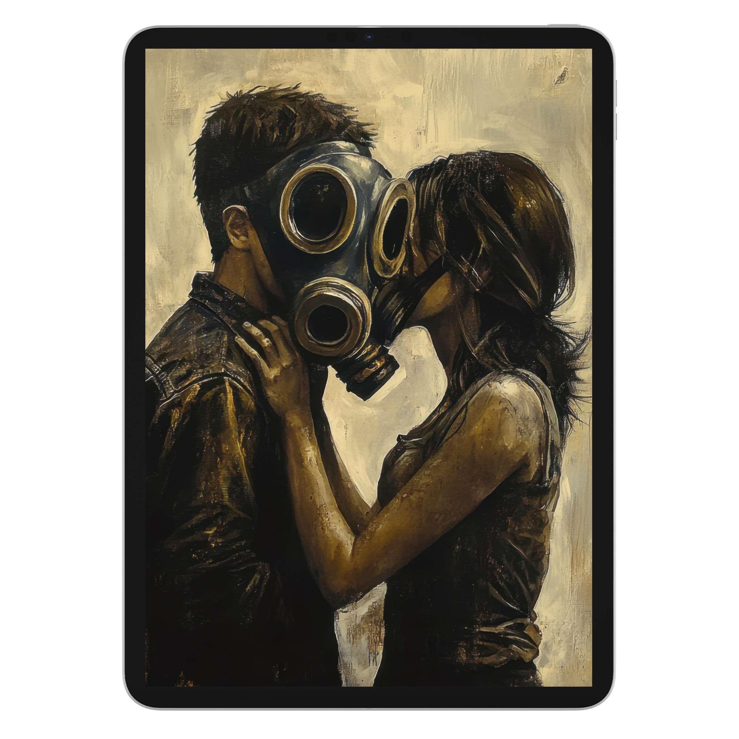 Street art iPad wallpaper featuring a couple in gas masks, digital download for an artistic tablet background, evokes urban elegance