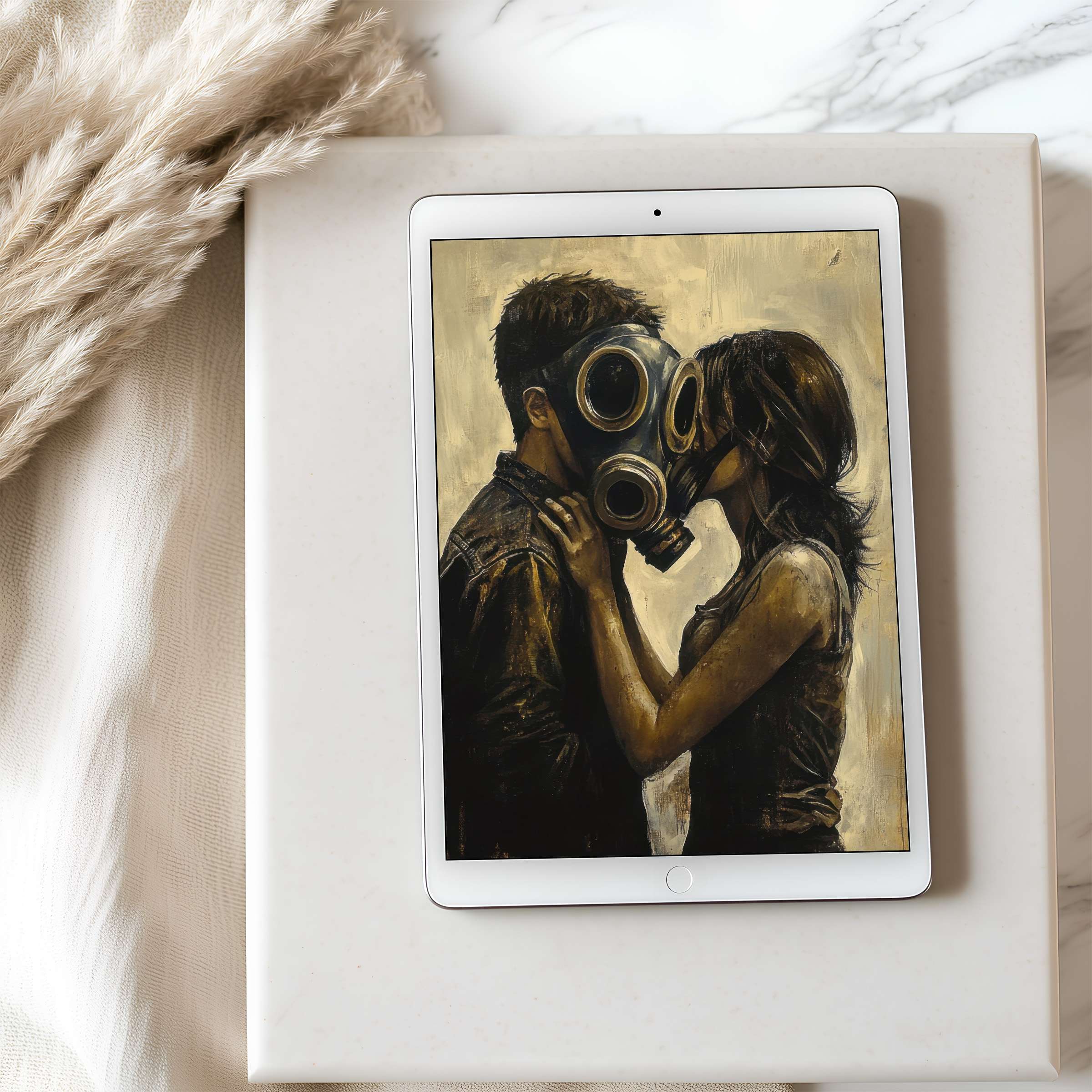 Romantic digital art of a couple in gas masks on a tablet wallpaper, high resolution, adds elegance to any iPad or tablet screen