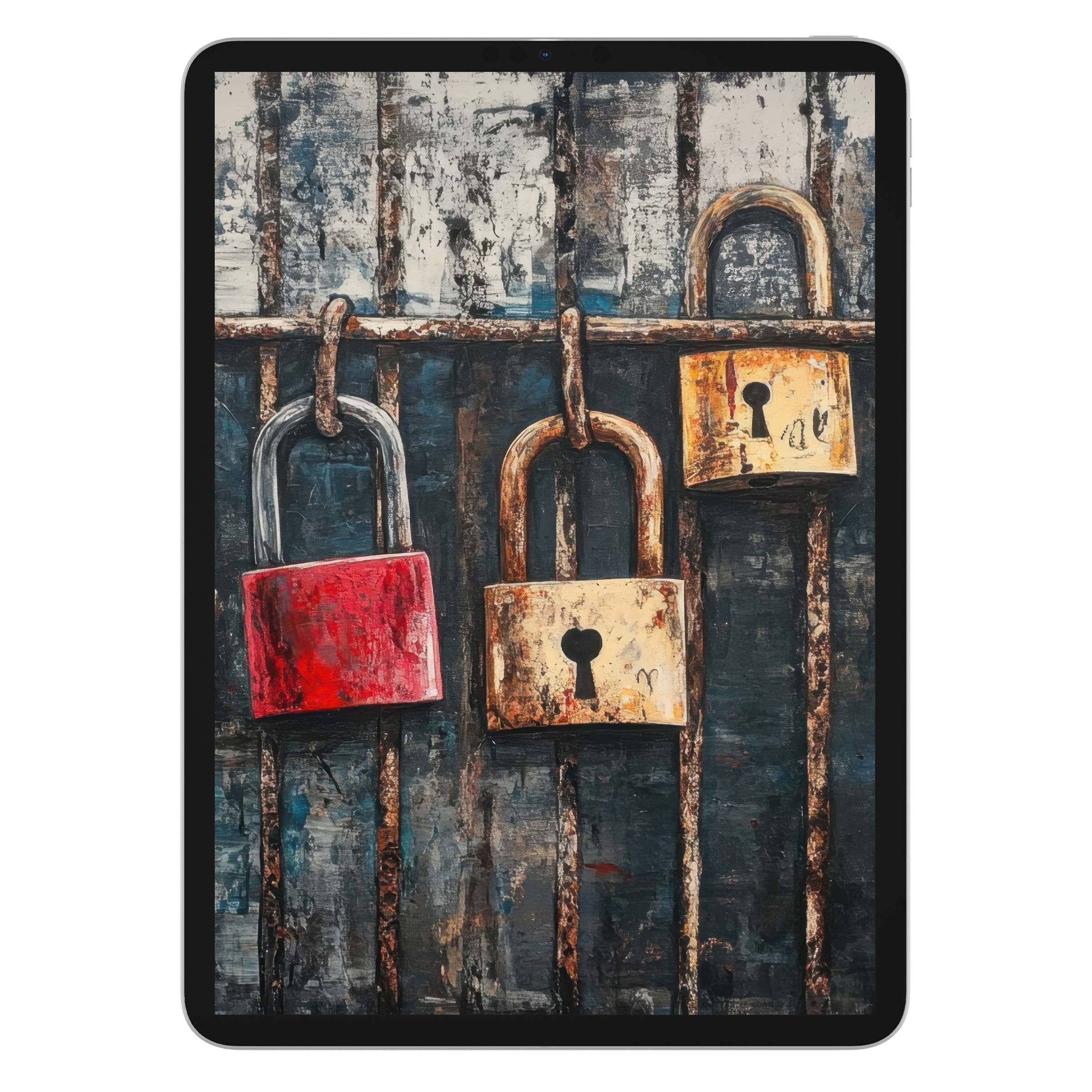 Street art iPad wallpaper featuring vibrant padlocks, rustic textures; ideal digital download for tablet background, serene ambiance