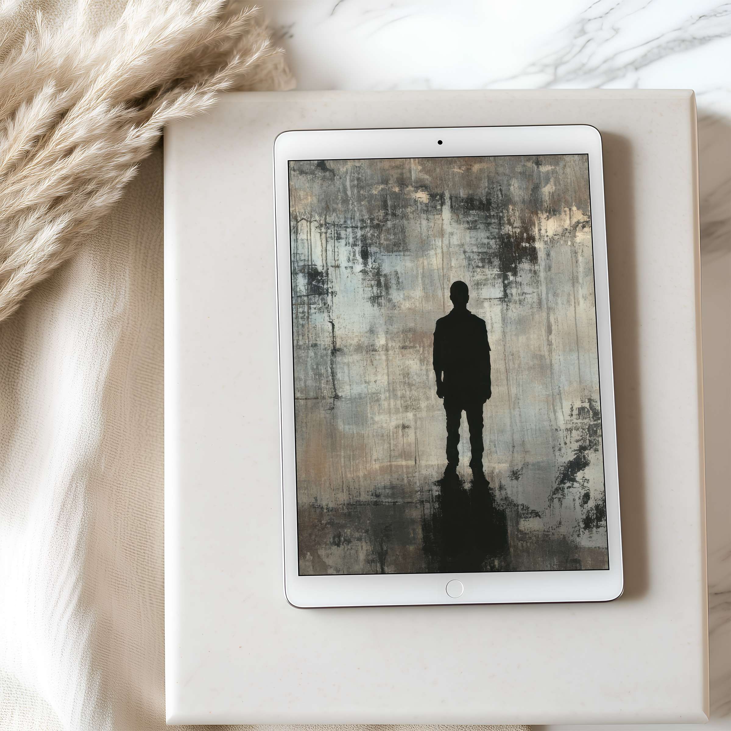 Elegant tablet wallpaper featuring a silhouetted figure against abstract earthy tones offers high-resolution serenity suitable for iPad download