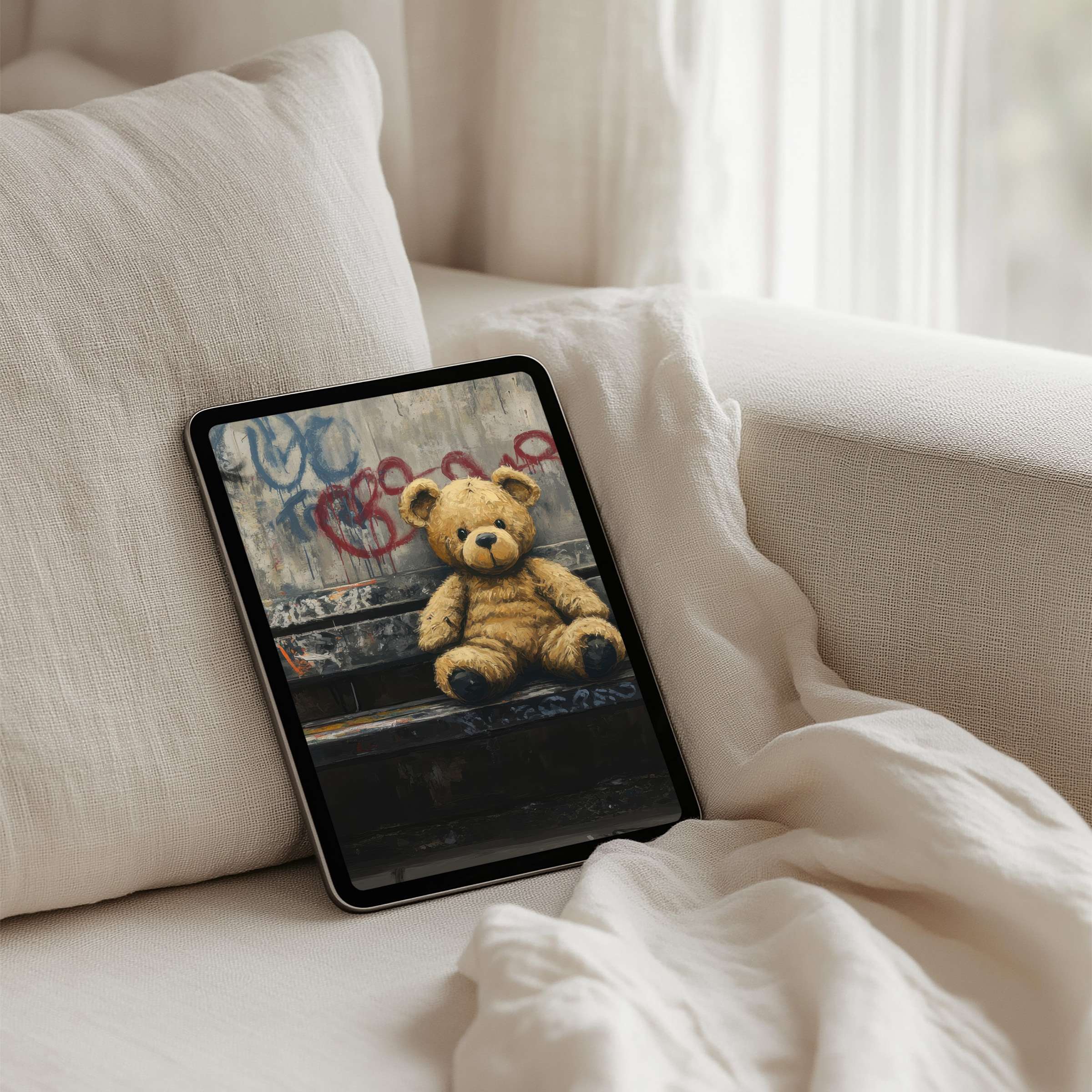 Cozy iPad background with a cute teddy on an artistic bench offers instant download for any tablet user seeking calm elegance