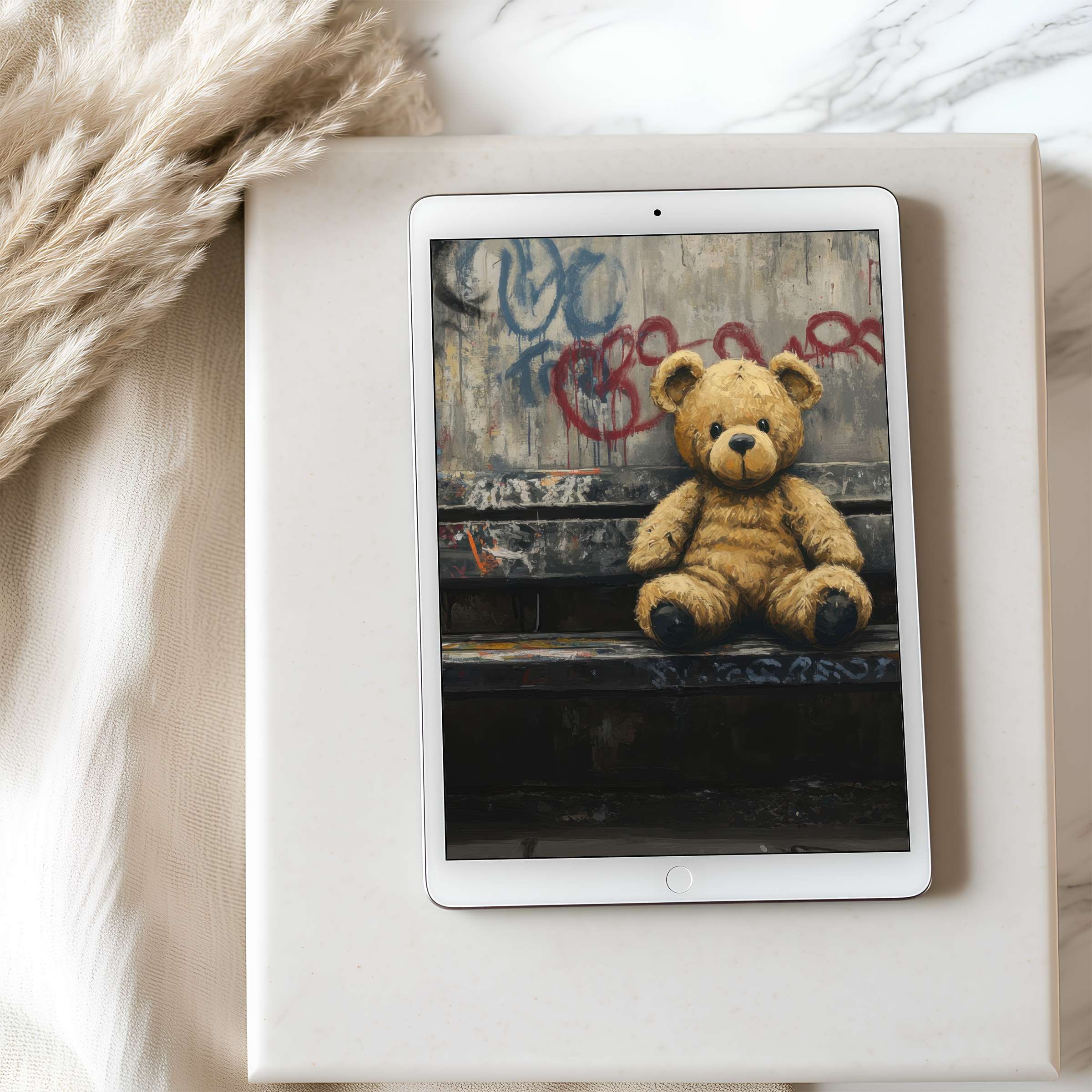 Warm teddy bear against urban graffiti in tablet wallpaper offers tranquility and style, perfect for high-resolution iPad and Android screens