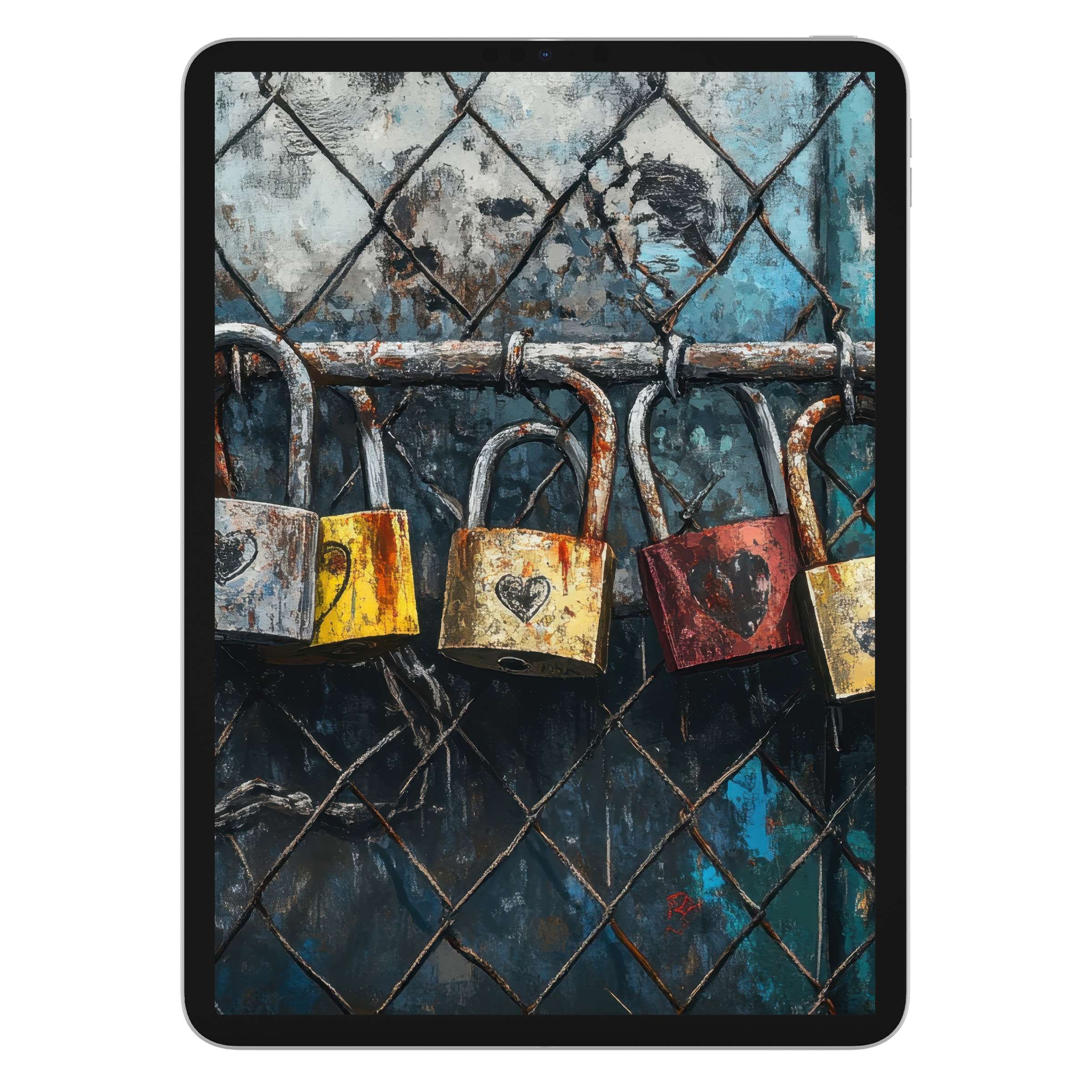 Rustic heart locks on a grunge fence create a serene street art iPad wallpaper perfect for tablet background digital download