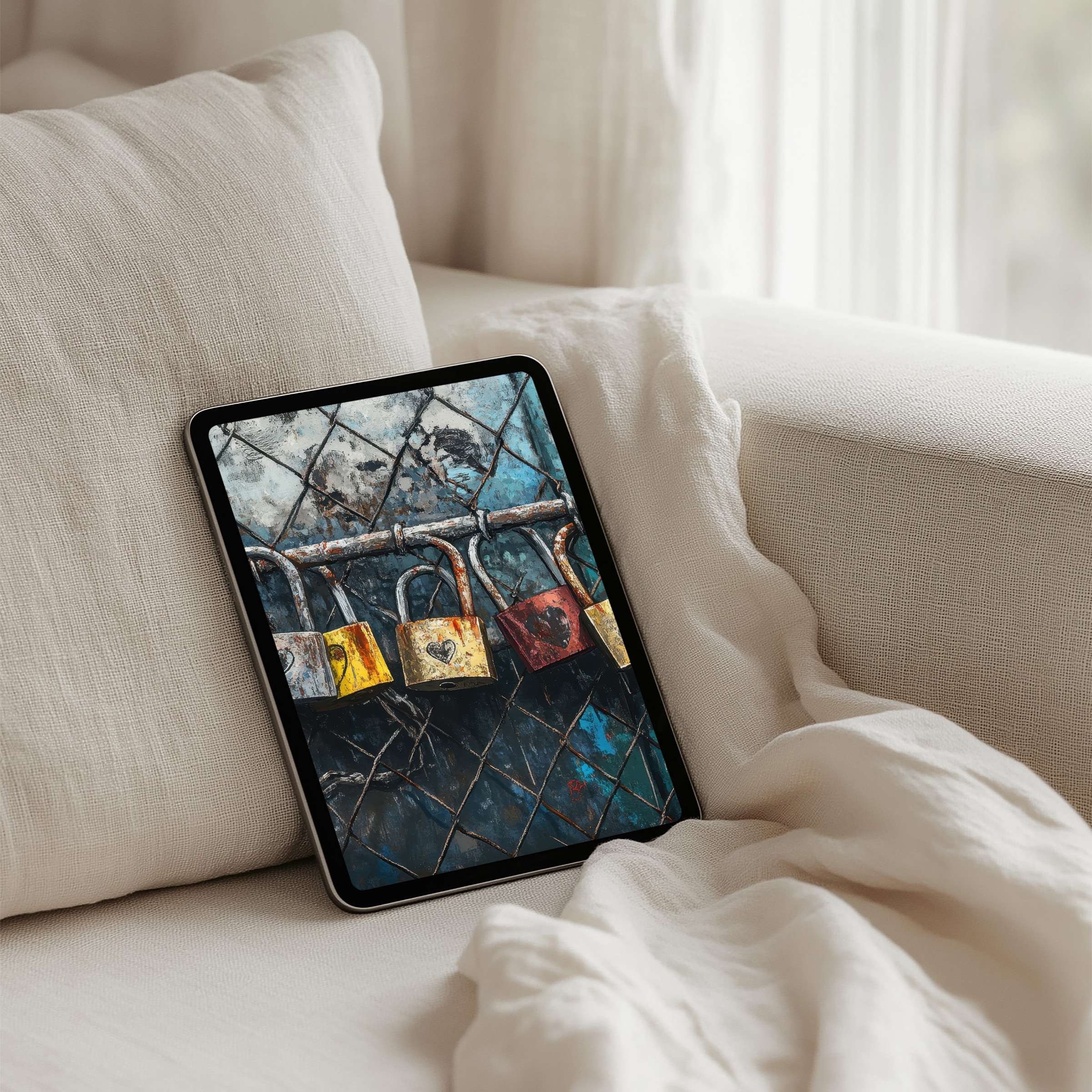 Elegant iPad background featuring a serene textured painting of locks against a calming backdrop for instant download to any tablet