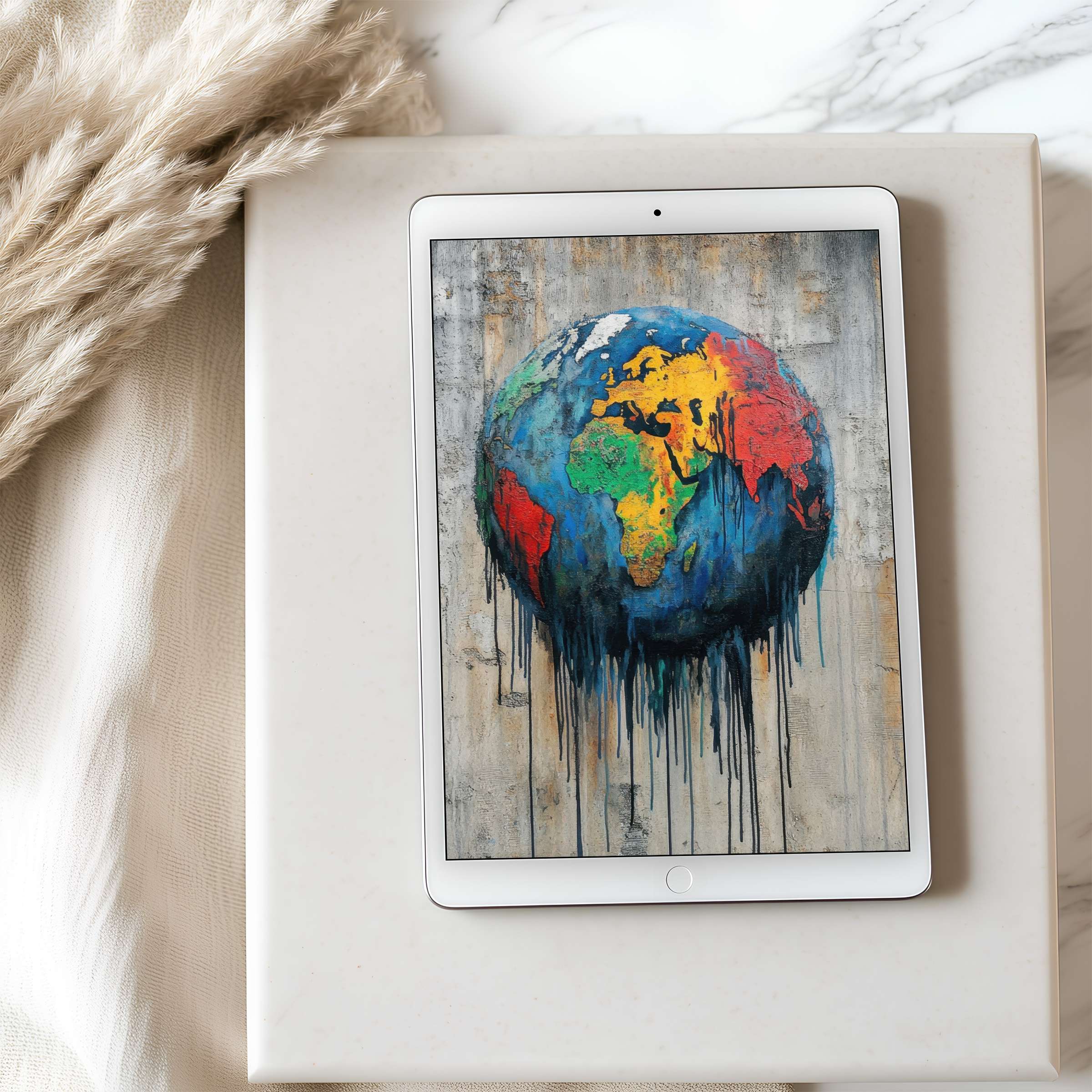 Vibrant tablet wallpaper featuring a colorful dripping world map, perfect high-resolution digital download for iPad and Android, creating serene ambience