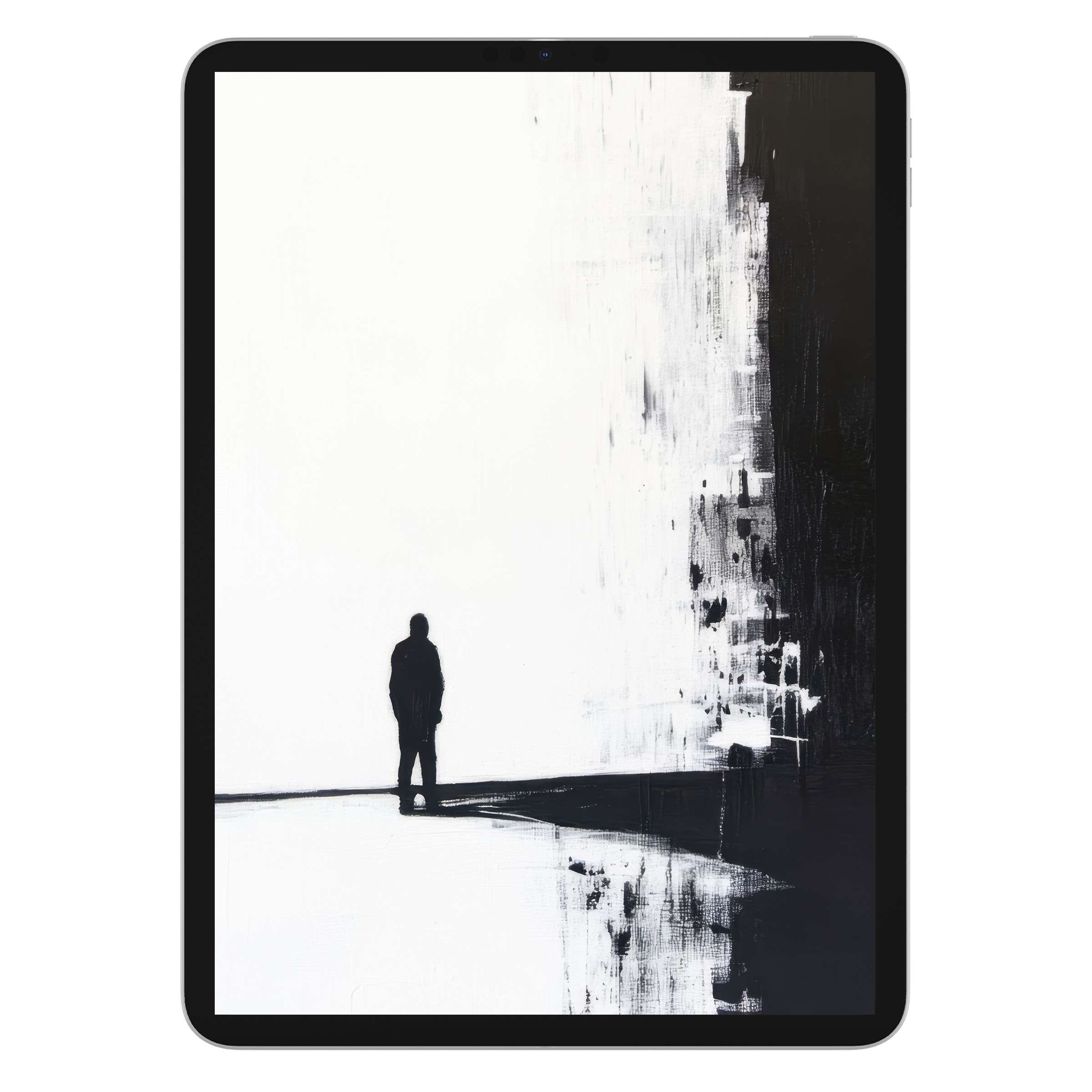 Elegant street art iPad wallpaper showcasing a minimalist silhouette amid textured monochrome background ideal for tablet digital download