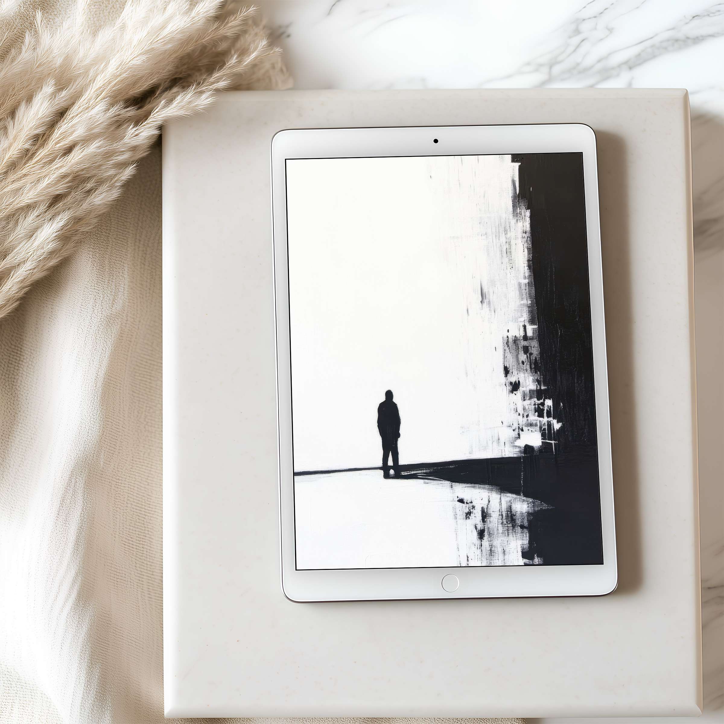 Elegant black and white abstract art provides a tranquil tablet wallpaper for iPad, ideal for high-resolution digital download