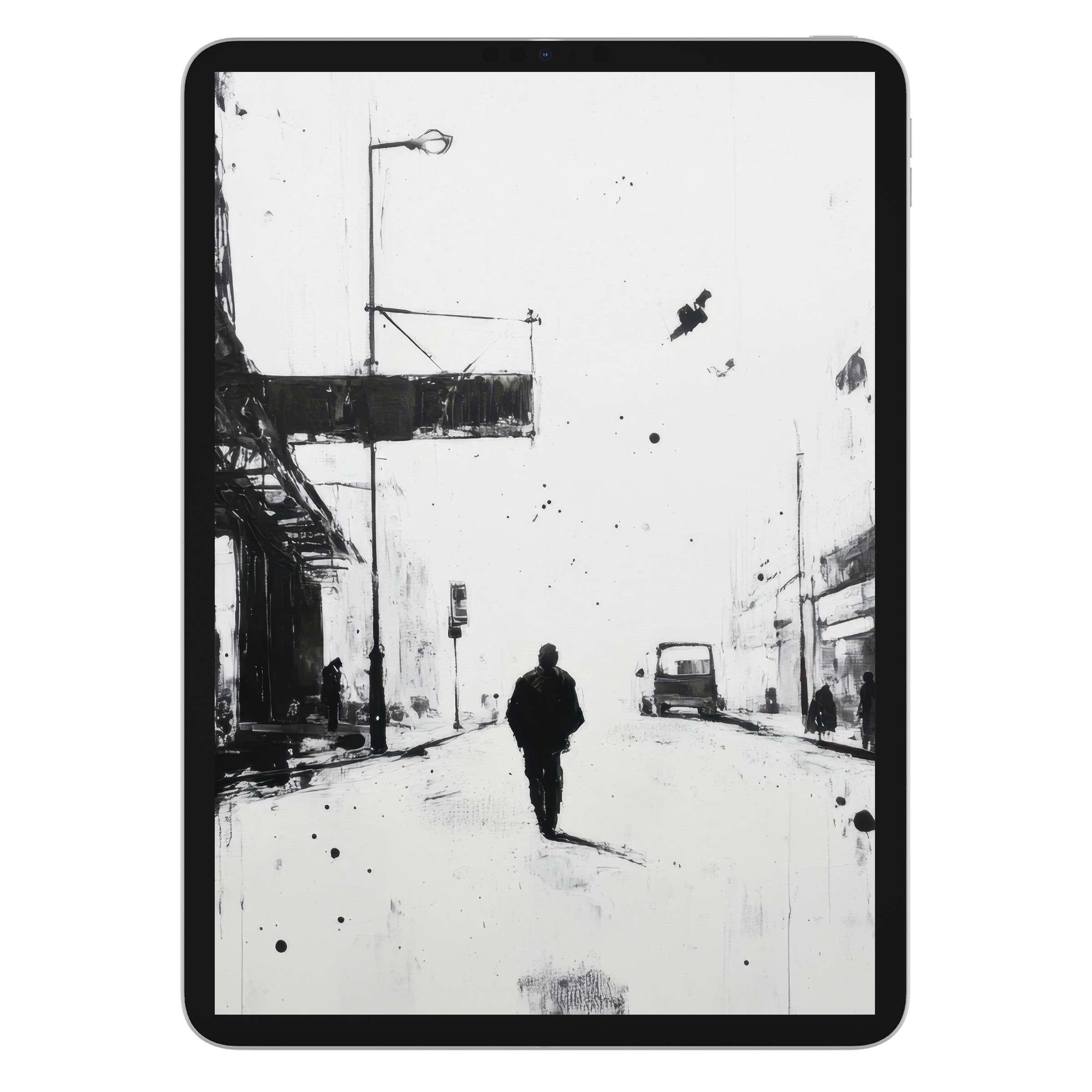 Elegant monochrome street art iPad wallpaper evokes calm with ink-washed cityscape ideal for tablet background digital download