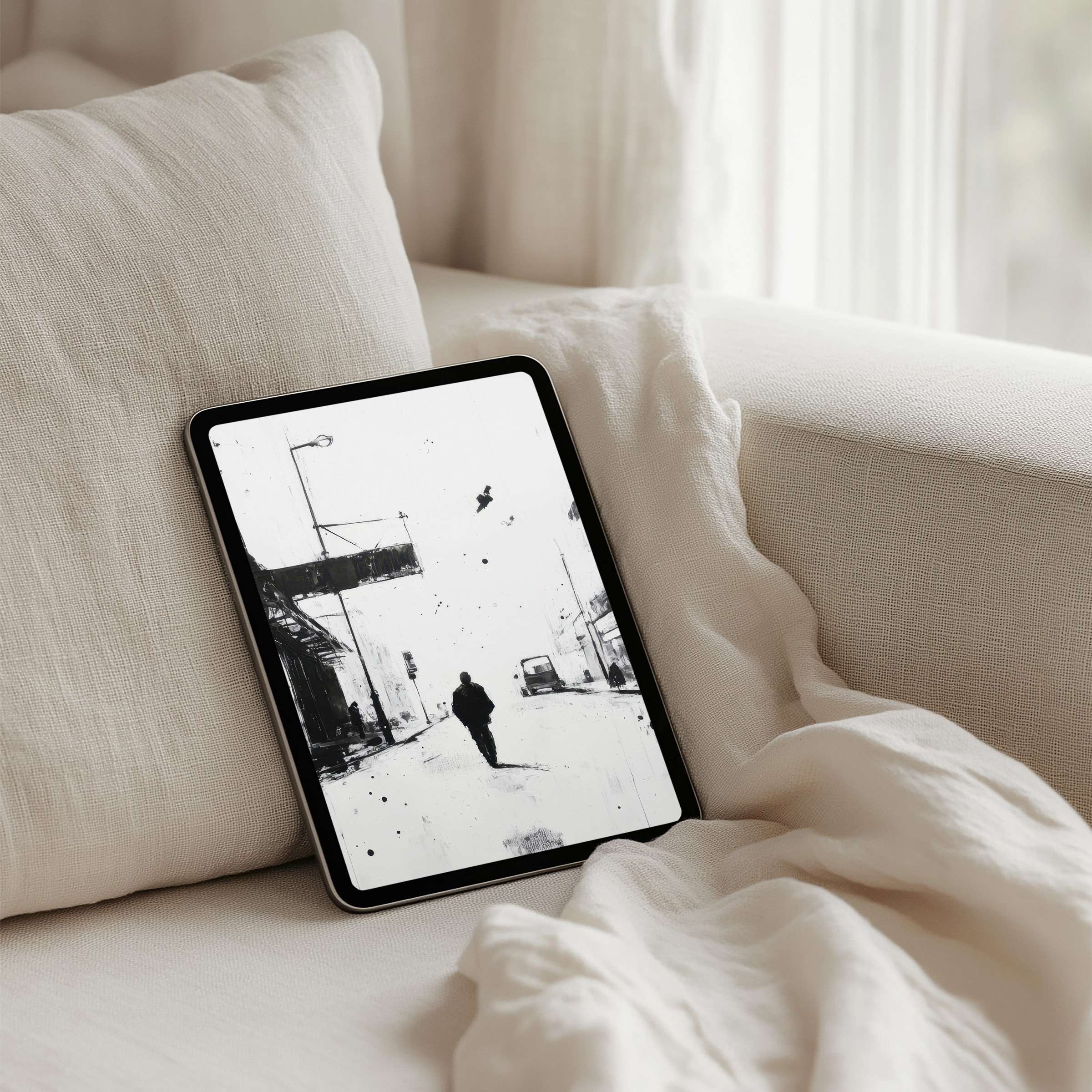 Elegant minimalist black and white art on iPad background offers calm and inspiration fits any tablet instant download available