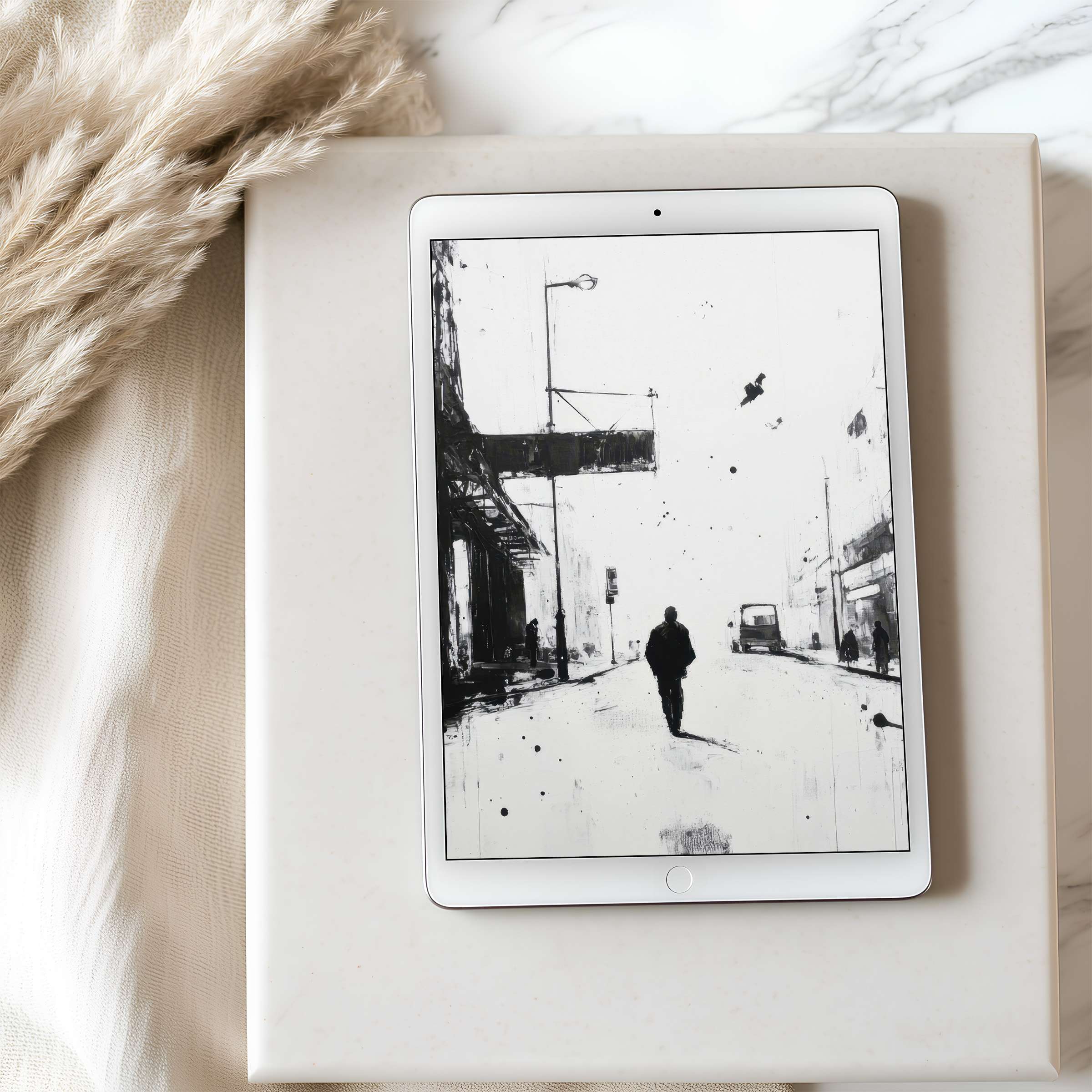 Elegant black and white digital cityscape tablet wallpaper, perfect for iPad or Android high resolution download, enhances serene spaces