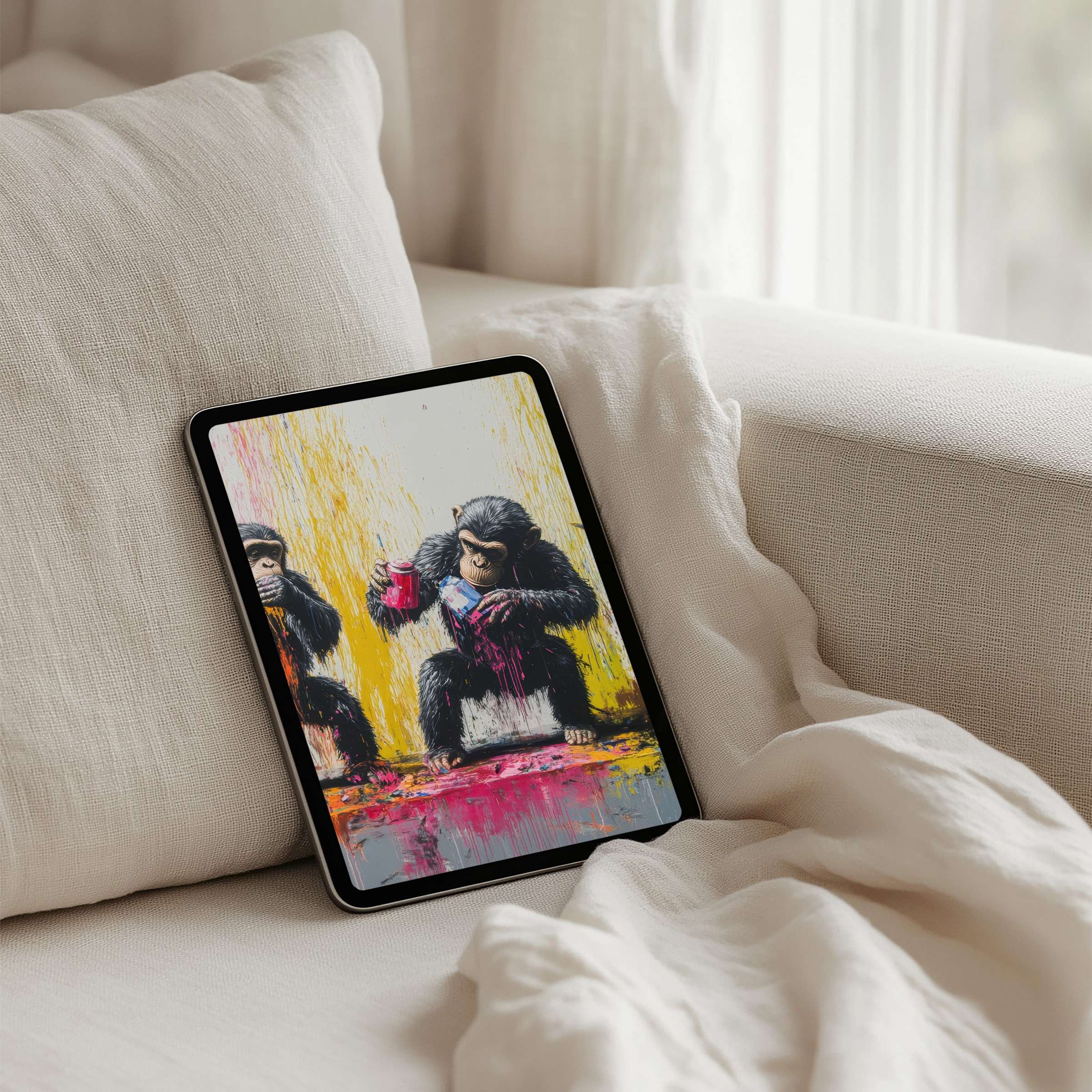 Elegant iPad background featuring vibrant monkey art offering instant download for tablet users seeking inspiration and mindfulness