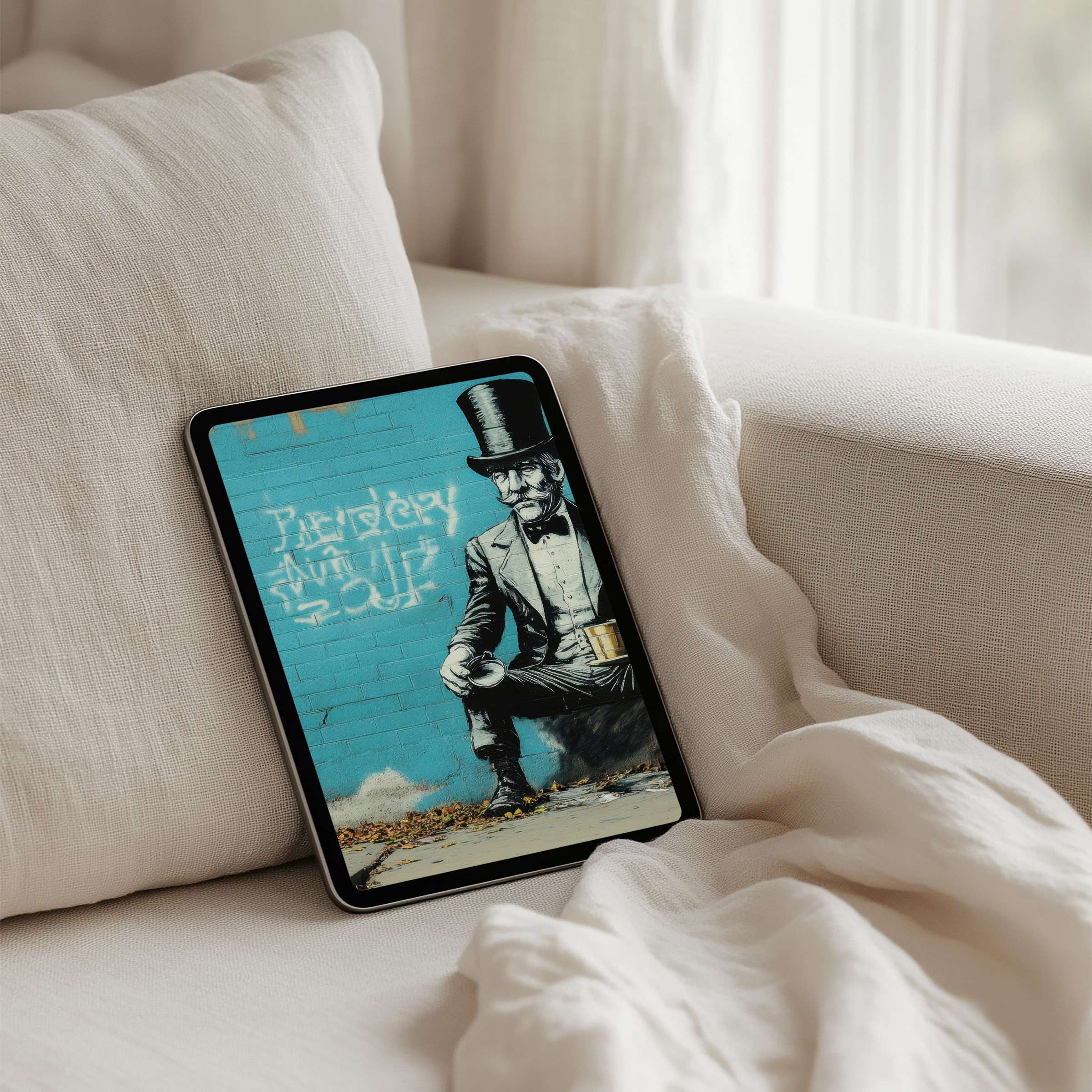 Elegant graffiti-style iPad background with a calm blue urban art vibe offering instant download for tablet inspiration and mindfulness