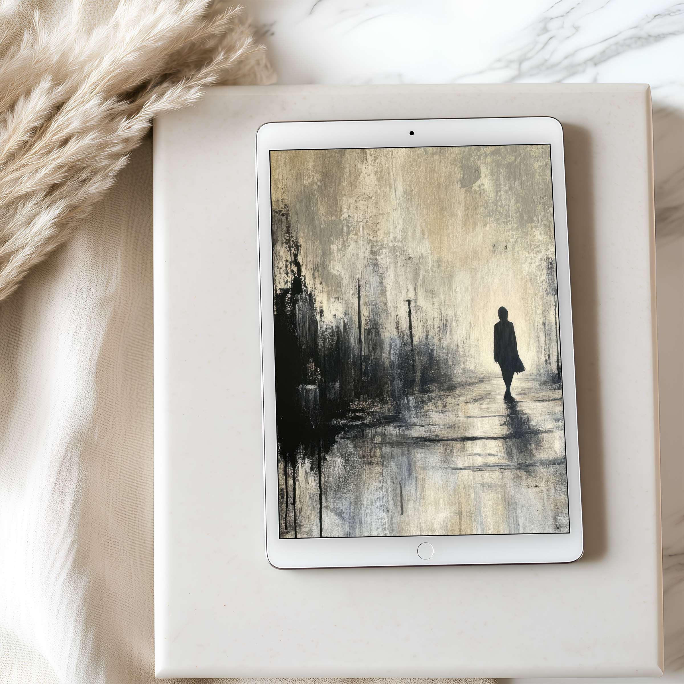 Elegant silhouette artwork in soft neutral tones as tablet wallpaper, high resolution perfect for iPad and Android downloads