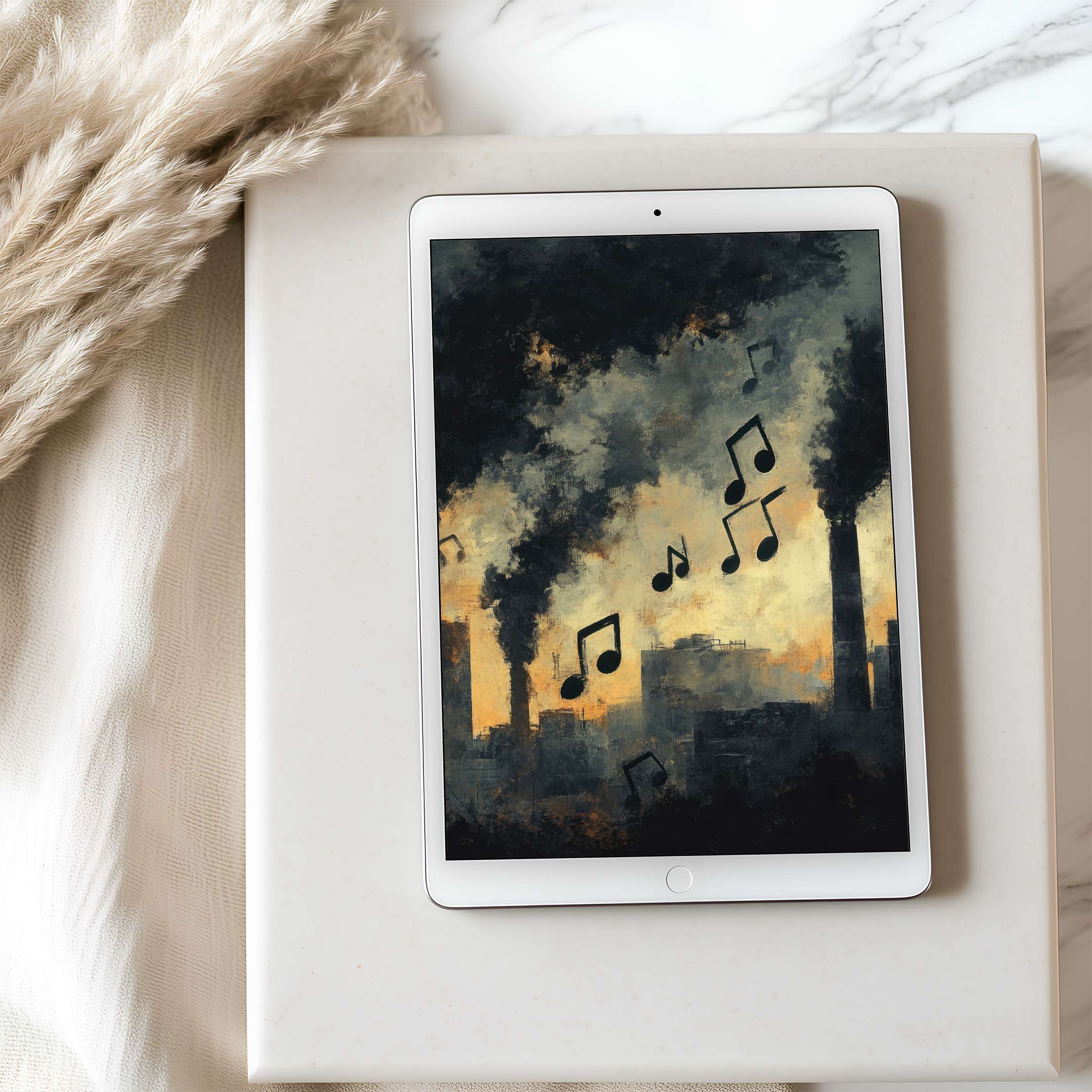 Elegant digital art featuring music notes amidst an industrial skyline, ideal as high-resolution tablet wallpaper for iPads and Androids