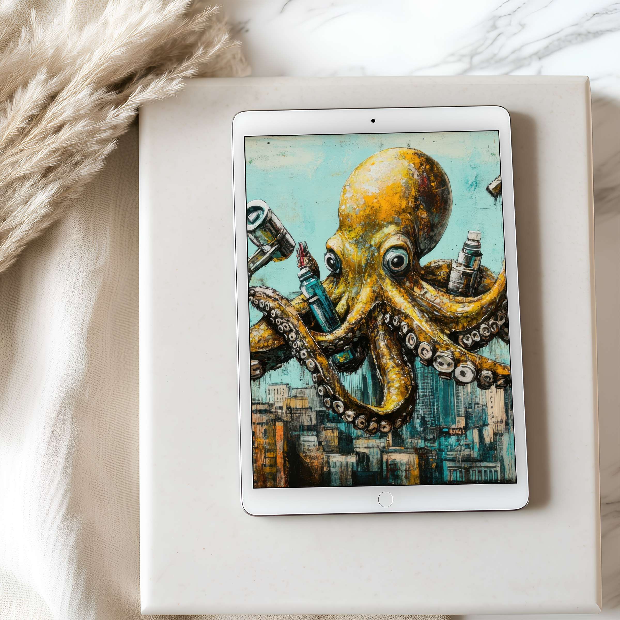 Octopus steampunk tablet wallpaper in high resolution, showcasing vibrant urban hues, seamlessly enhancing iPad or Android aesthetics