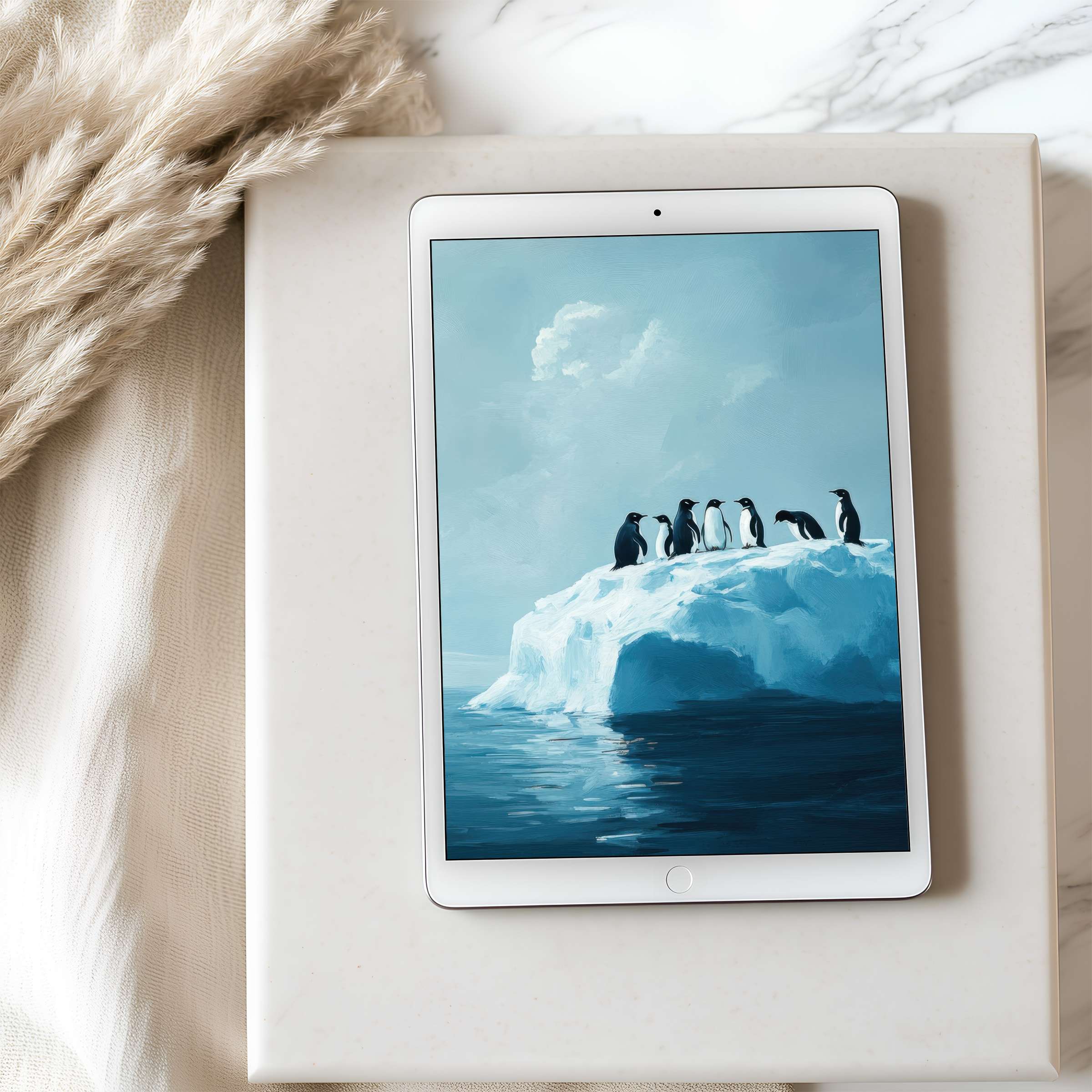 Elegant penguin motif tablet wallpaper in serene blue tones perfectly curated for iPad or Android tablets digital download