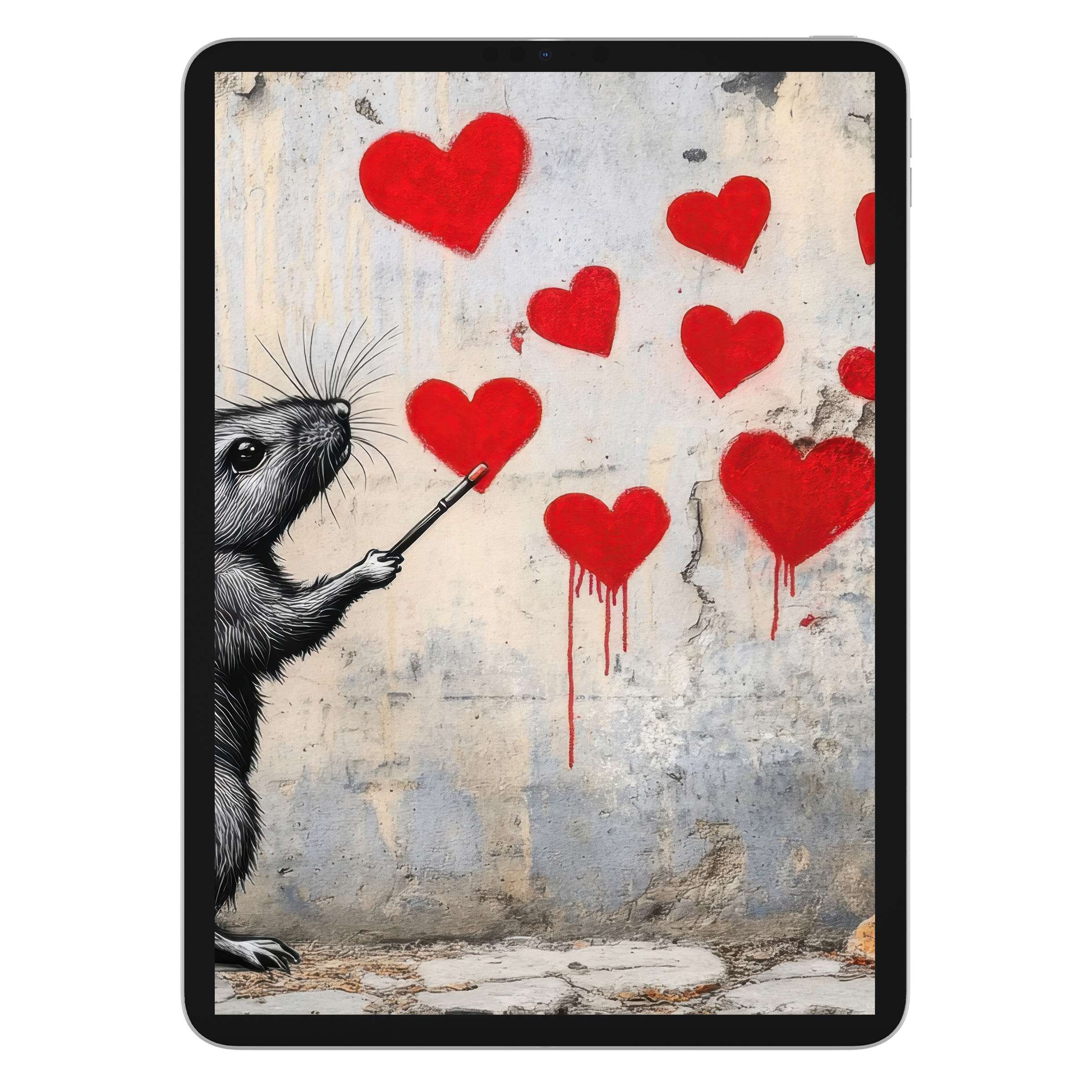 Street art iPad wallpaper with a whimsical rat painting red hearts on a textured wall, perfect digital download tablet background