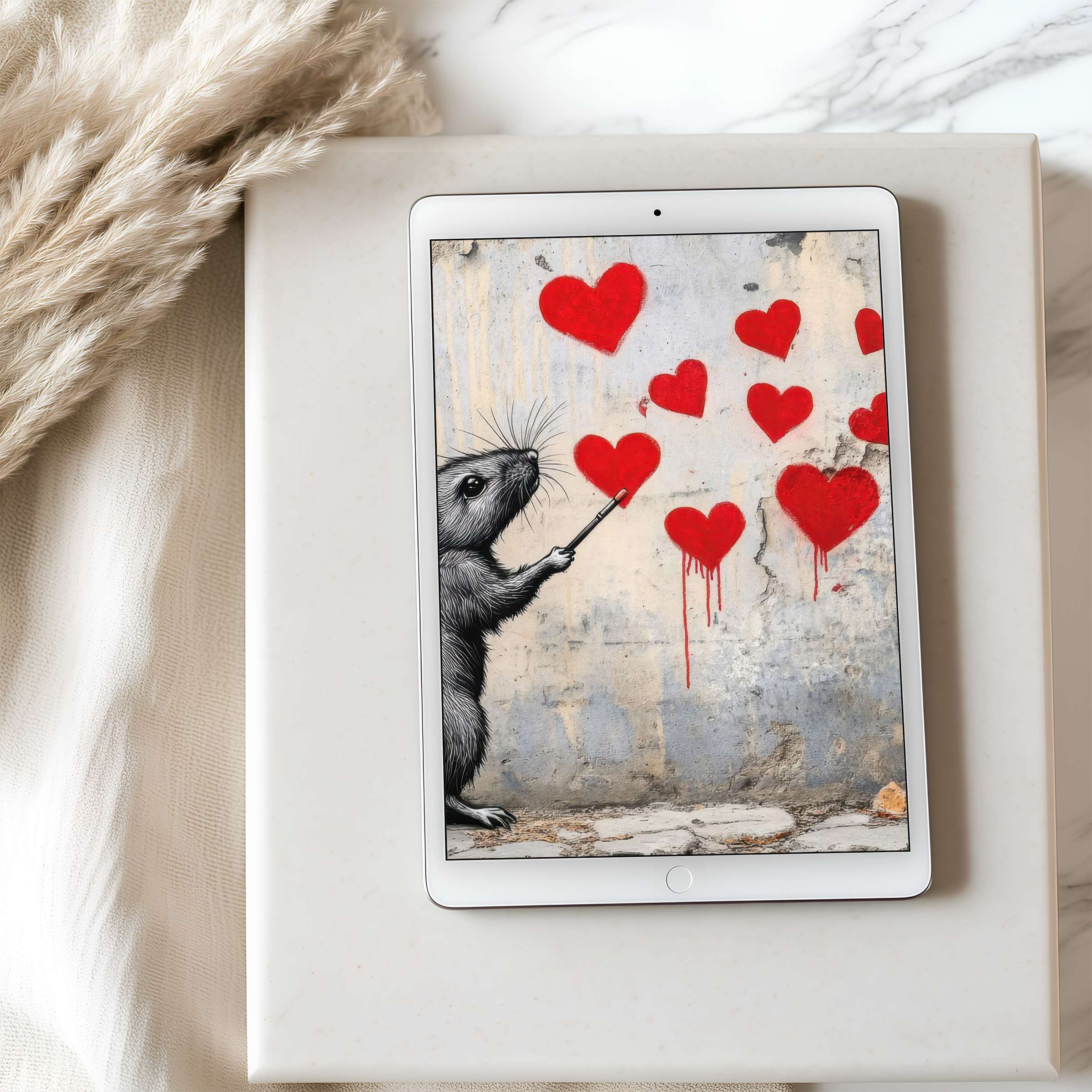 Elegant tablet wallpaper featuring whimsical street art with a mouse painting red hearts suitable for high resolution iPad download
